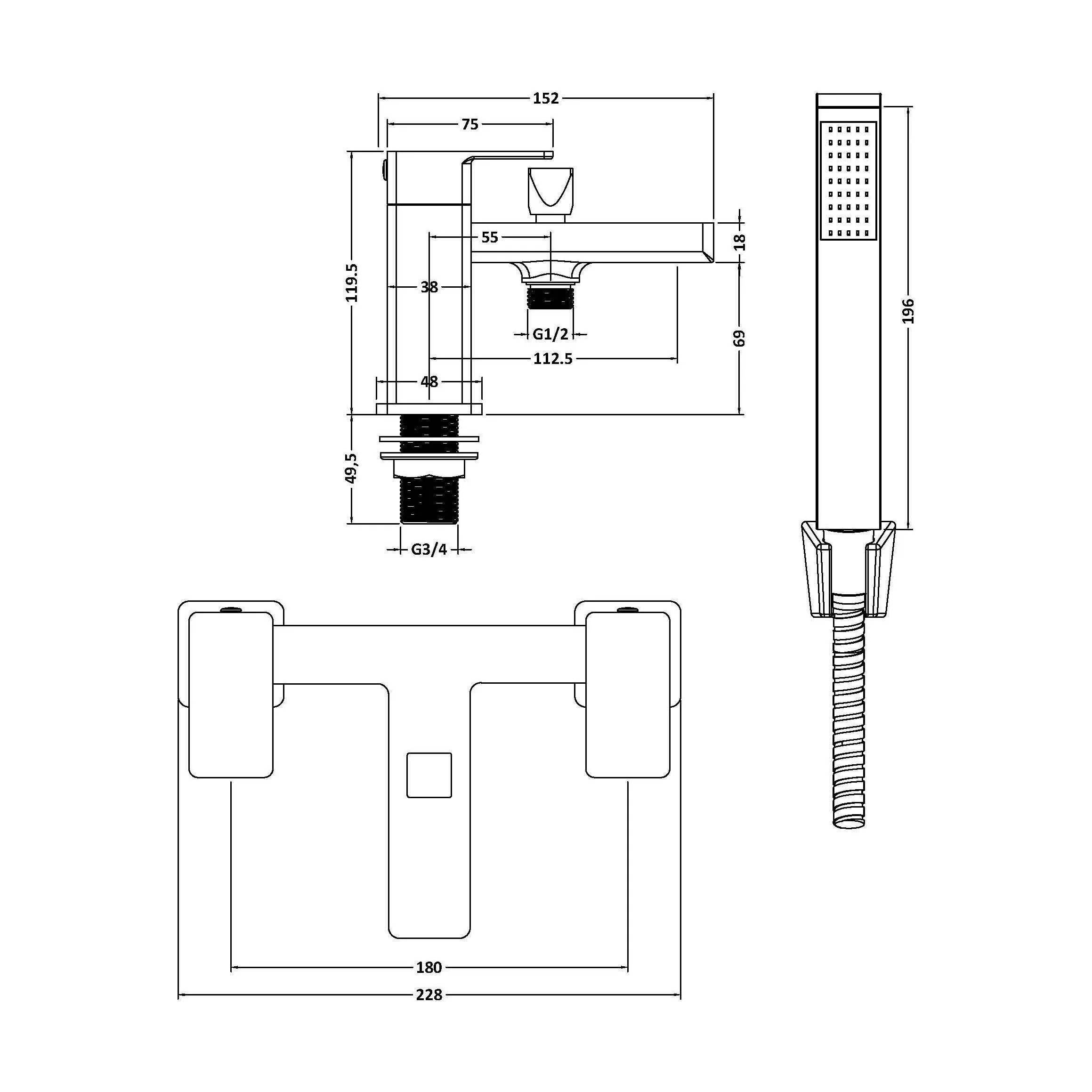 Milldale Square Deck Mounted Dual Lever Bath Shower Mixer Tap with Kit - Choice of Finish - Image 11