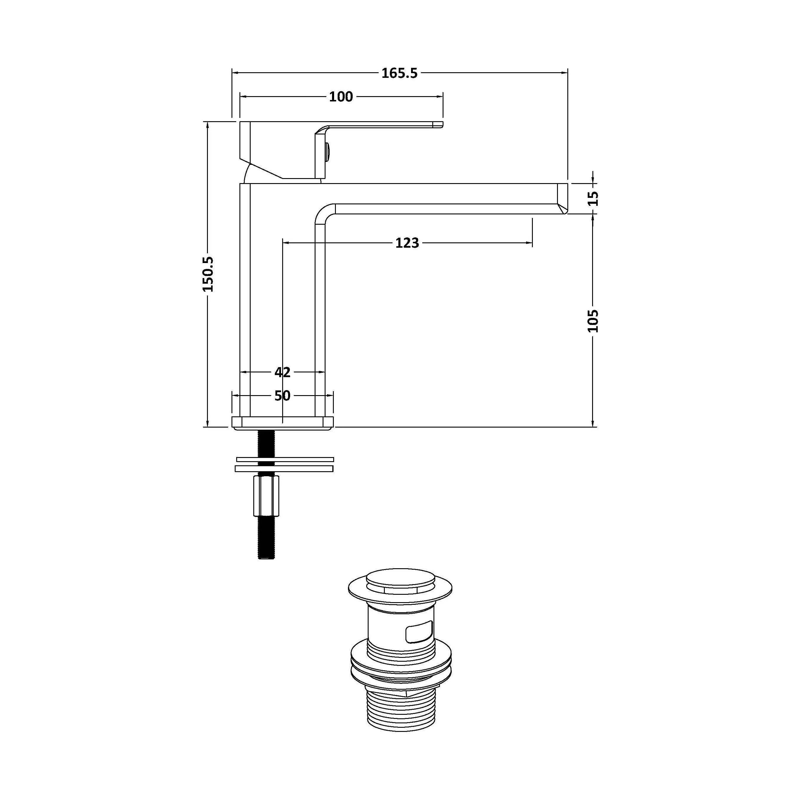 Milldale Contemporary Square Mono Basin Mixer Bathroom Sink Tap with Push Button Waste - Image 10