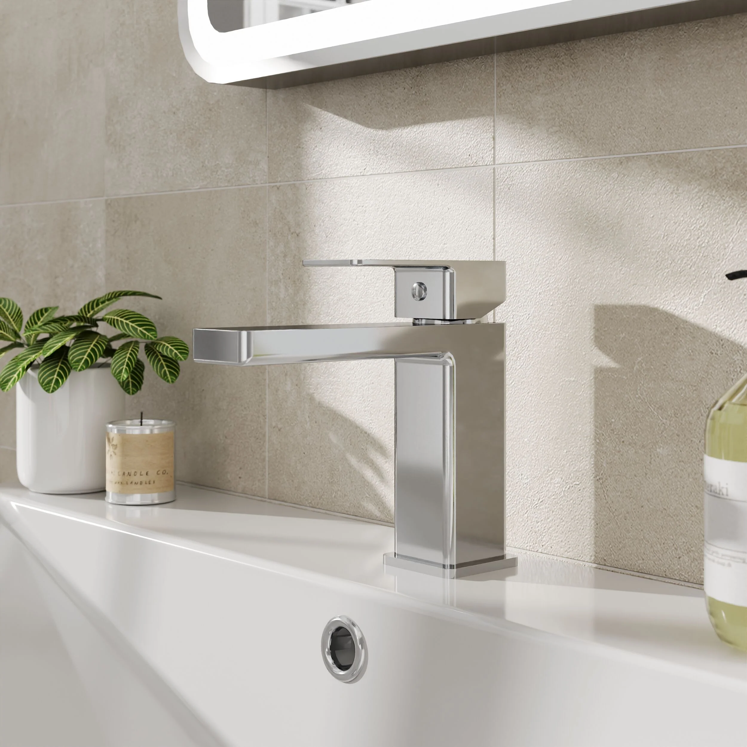 Milldale Contemporary Square Mono Basin Mixer Bathroom Sink Tap with Push Button Waste - Image 4