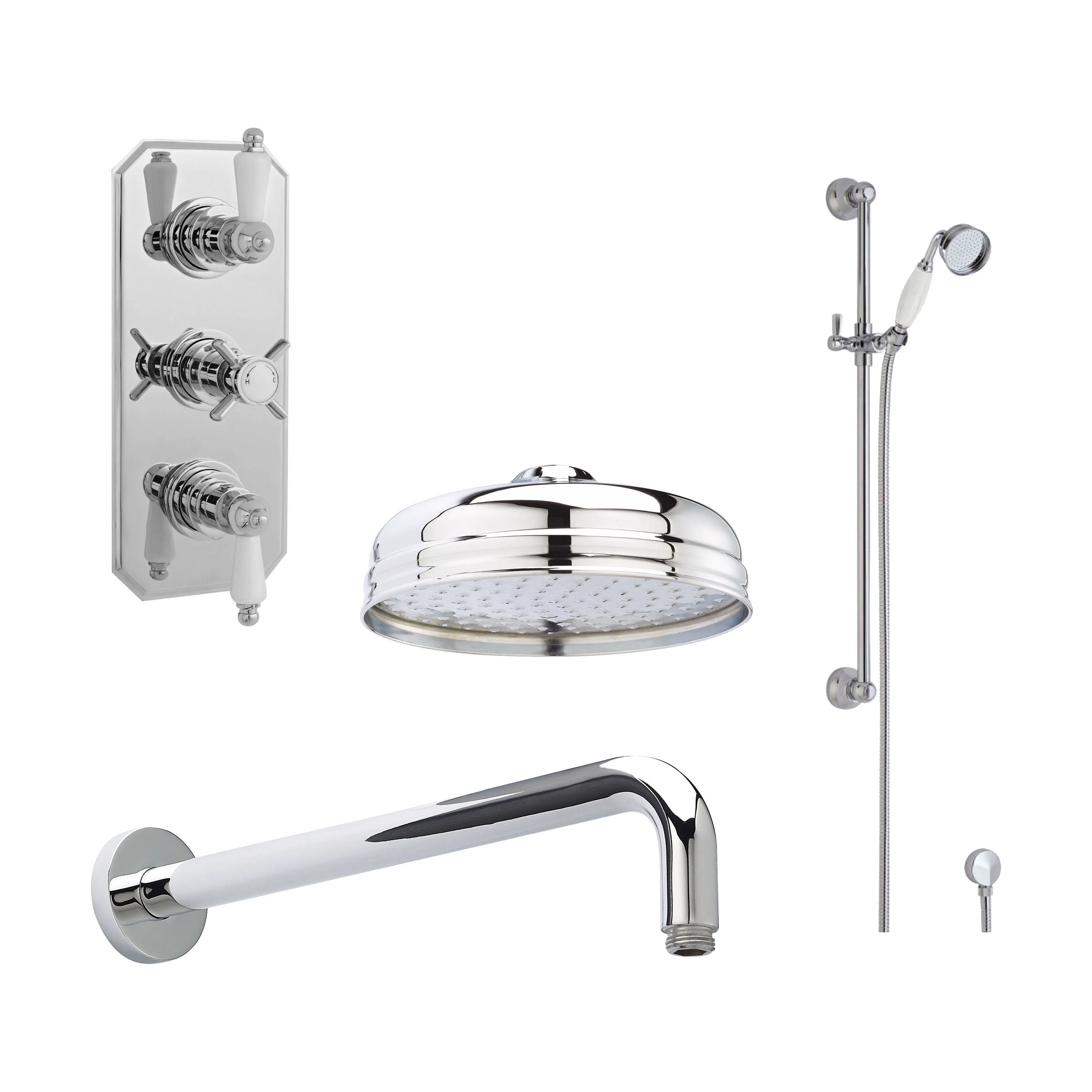 Balterley Traditional Triple Thermostatic Valve, Shower Arm, Fixed Shower Head And Slider Rail Kit, Chrome