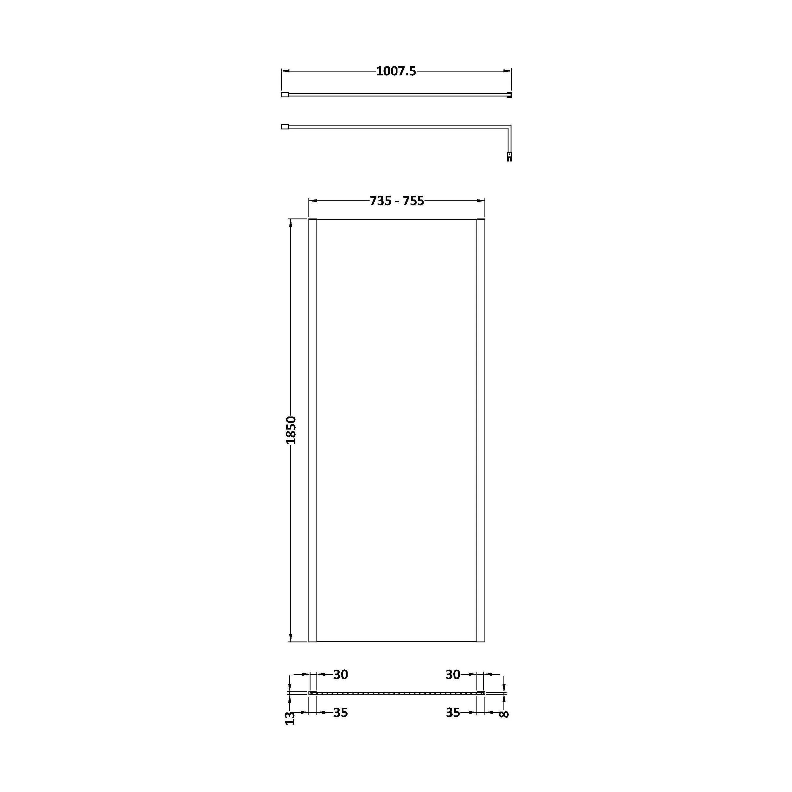 Balterley Wetroom Screen with Support Bar, 760mm, Brushed Brass - Image 2