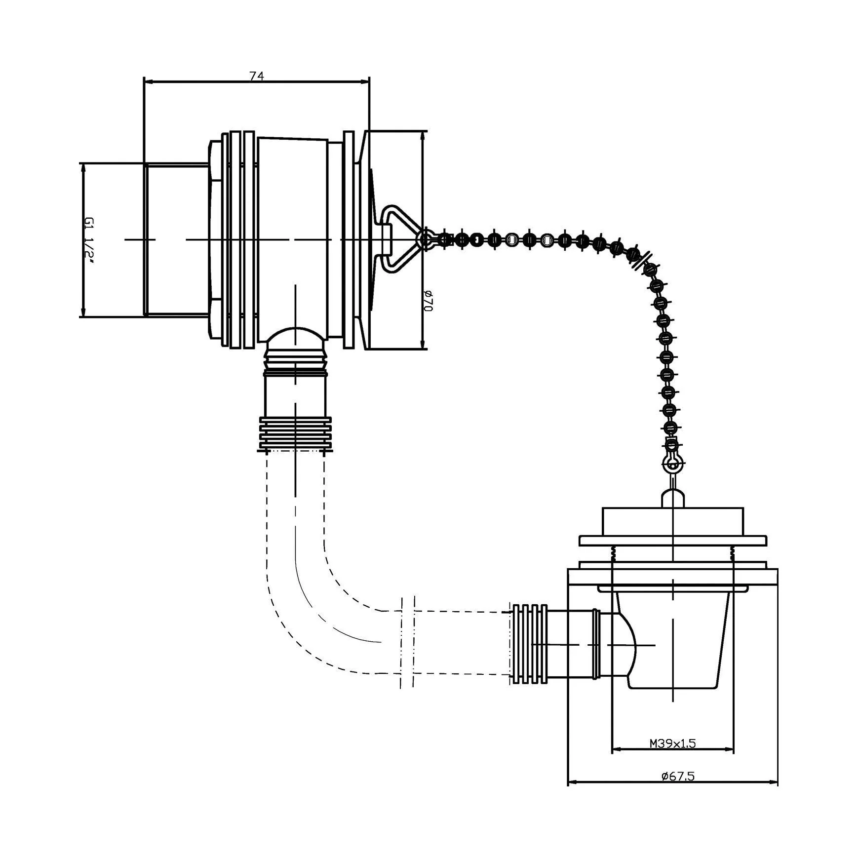 Balterley Bath Waste with Overflow, Brass Plug and Ball Chain, for Baths up to 5mm - Chrome - Image 2