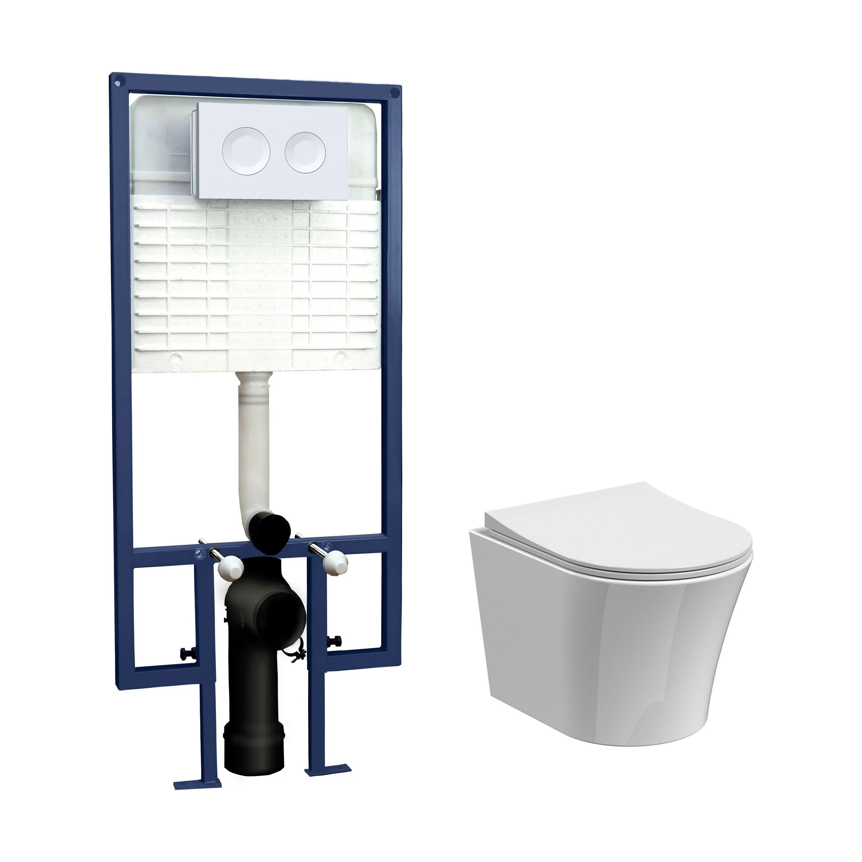 Baswich Contemporary Round Wall Hung Toilet Pan and Seat with Concealed Cistern and Flush Plate with Round Buttons - White