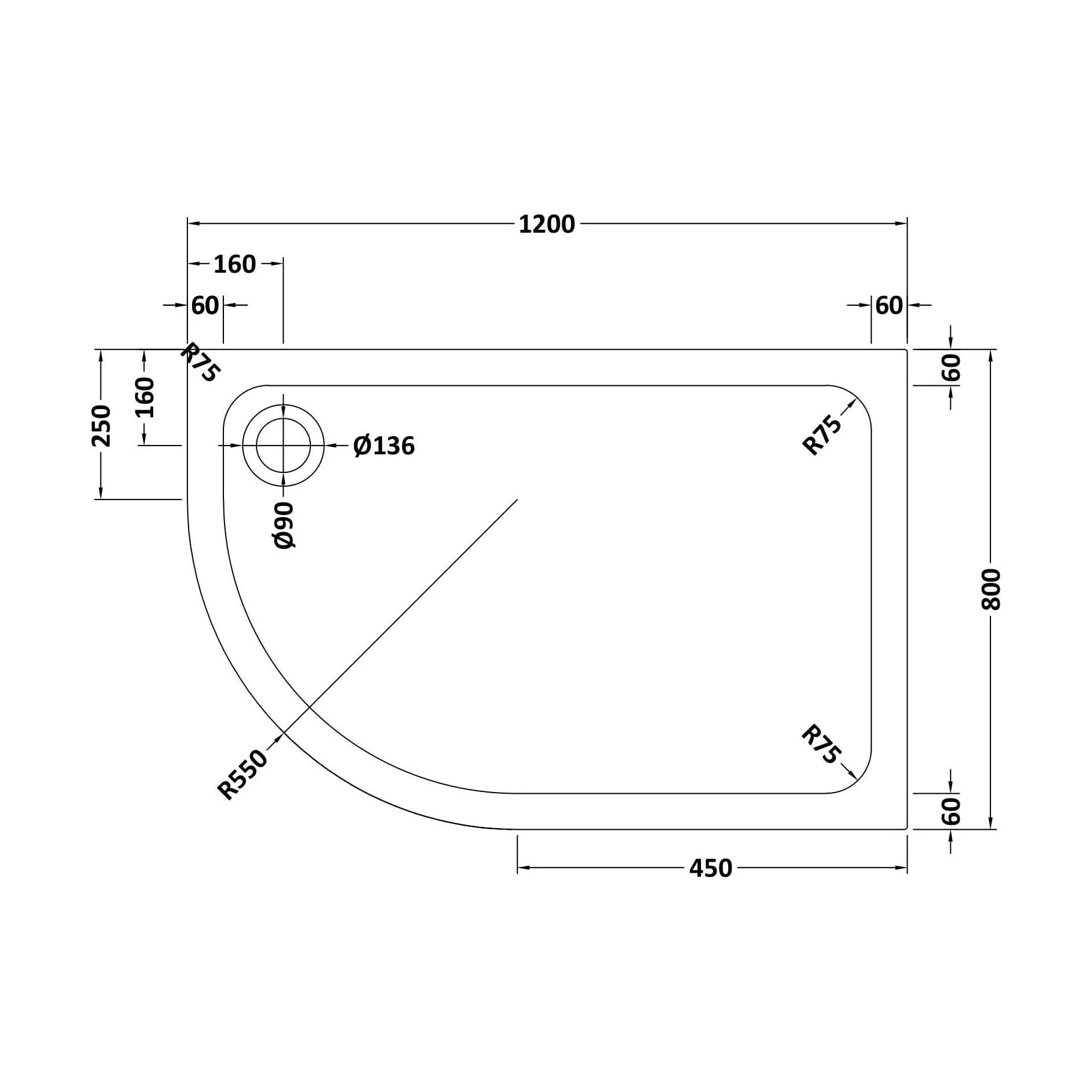 Bathroom Offset Quadrant Shower Tray, Anti-Slip - Choice of Size and Orientation - Image 11