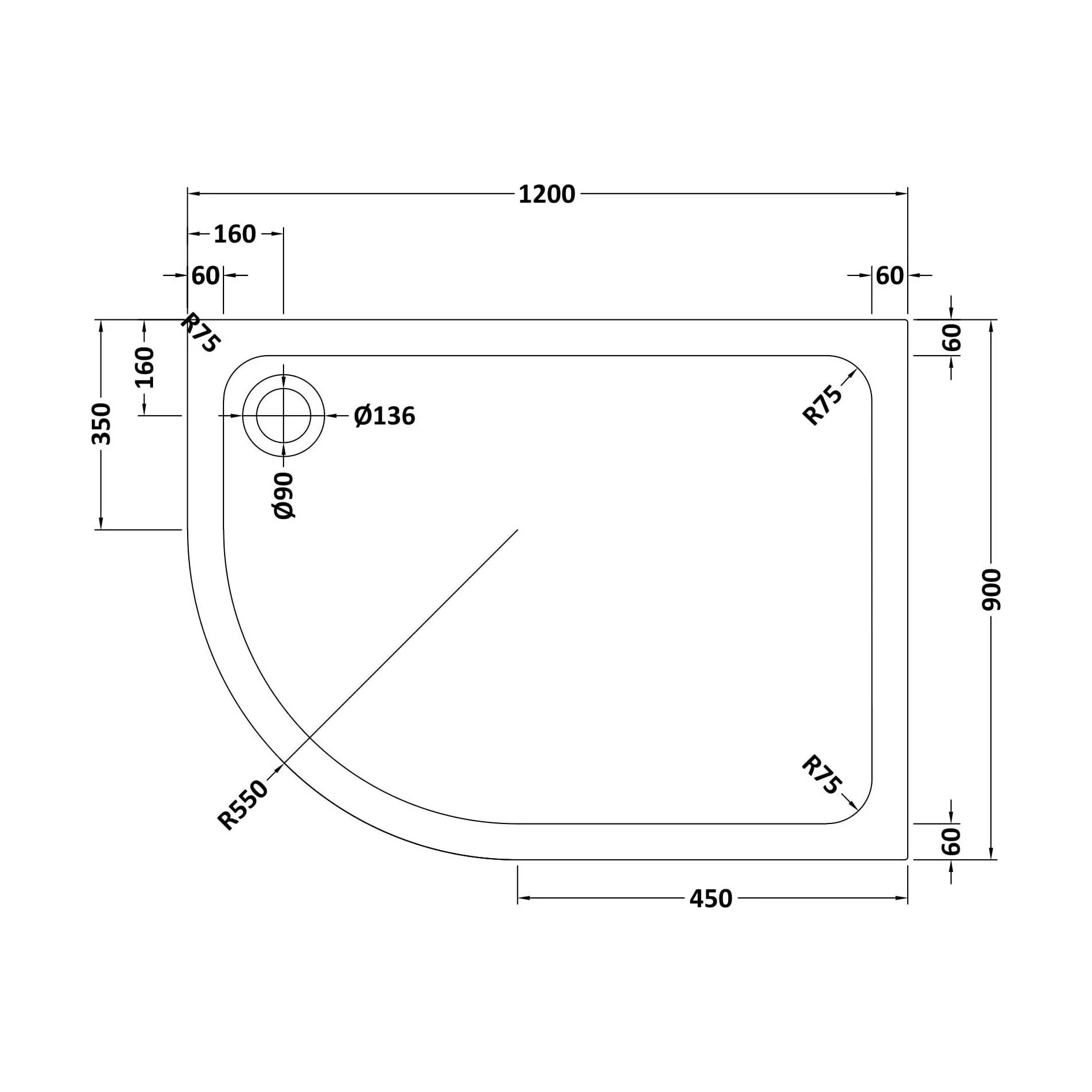 Bathroom Offset Quadrant Shower Tray, Anti-Slip - Choice of Size and Orientation - Image 13