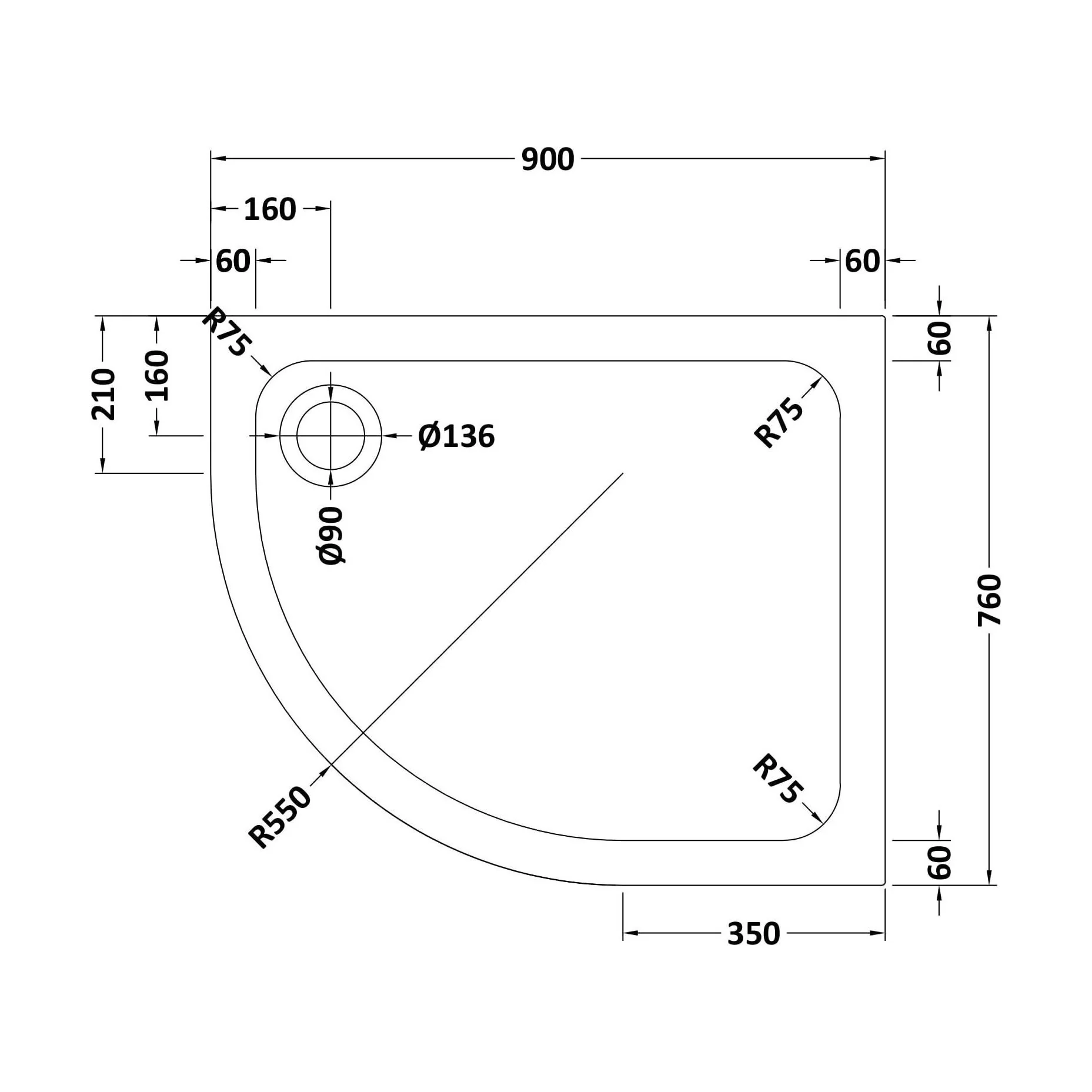 Bathroom Offset Quadrant Shower Tray, Anti-Slip - Choice of Size and Orientation - Image 15