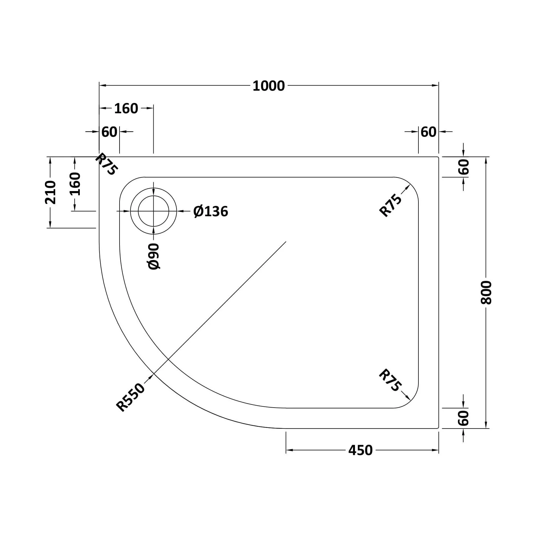 Bathroom Offset Quadrant Shower Tray, Anti-Slip - Choice of Size and Orientation - Image 9