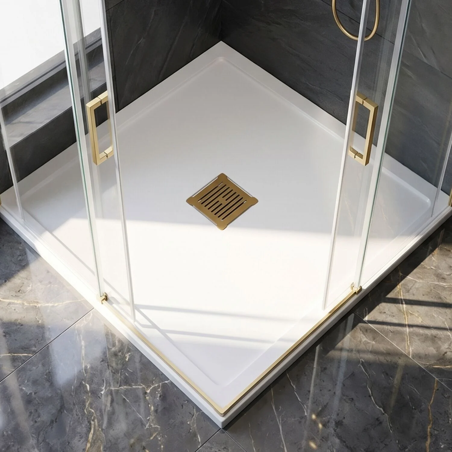 Balterley Resin Slimline Shower Tray Grill Waste with Trap & Top, Fast Flow Design - Brushed Brass/White