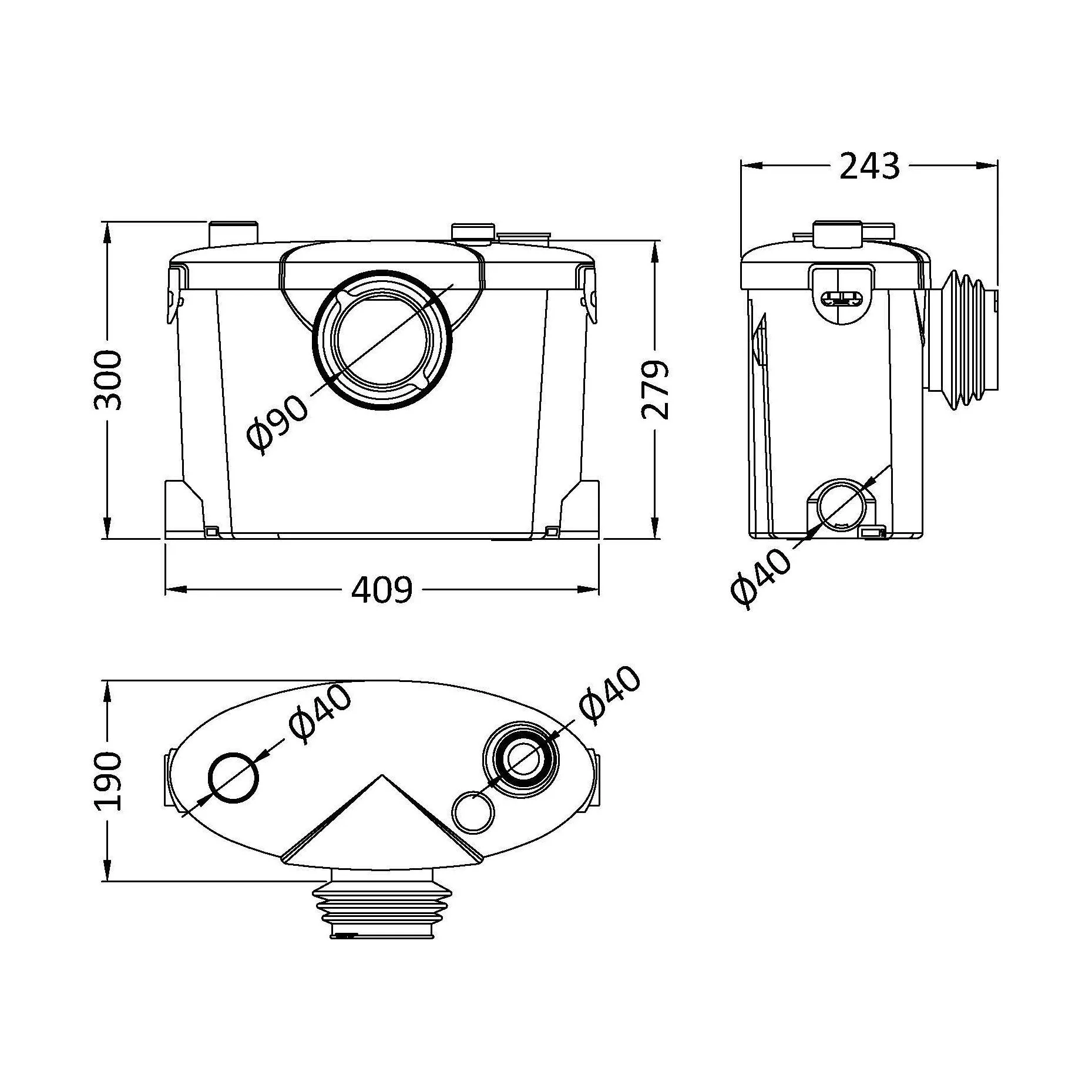 Bathroom 4 Inlet Macerator Waste Pump System, 400W, 270 x 398 x 230mm, White - Image 2