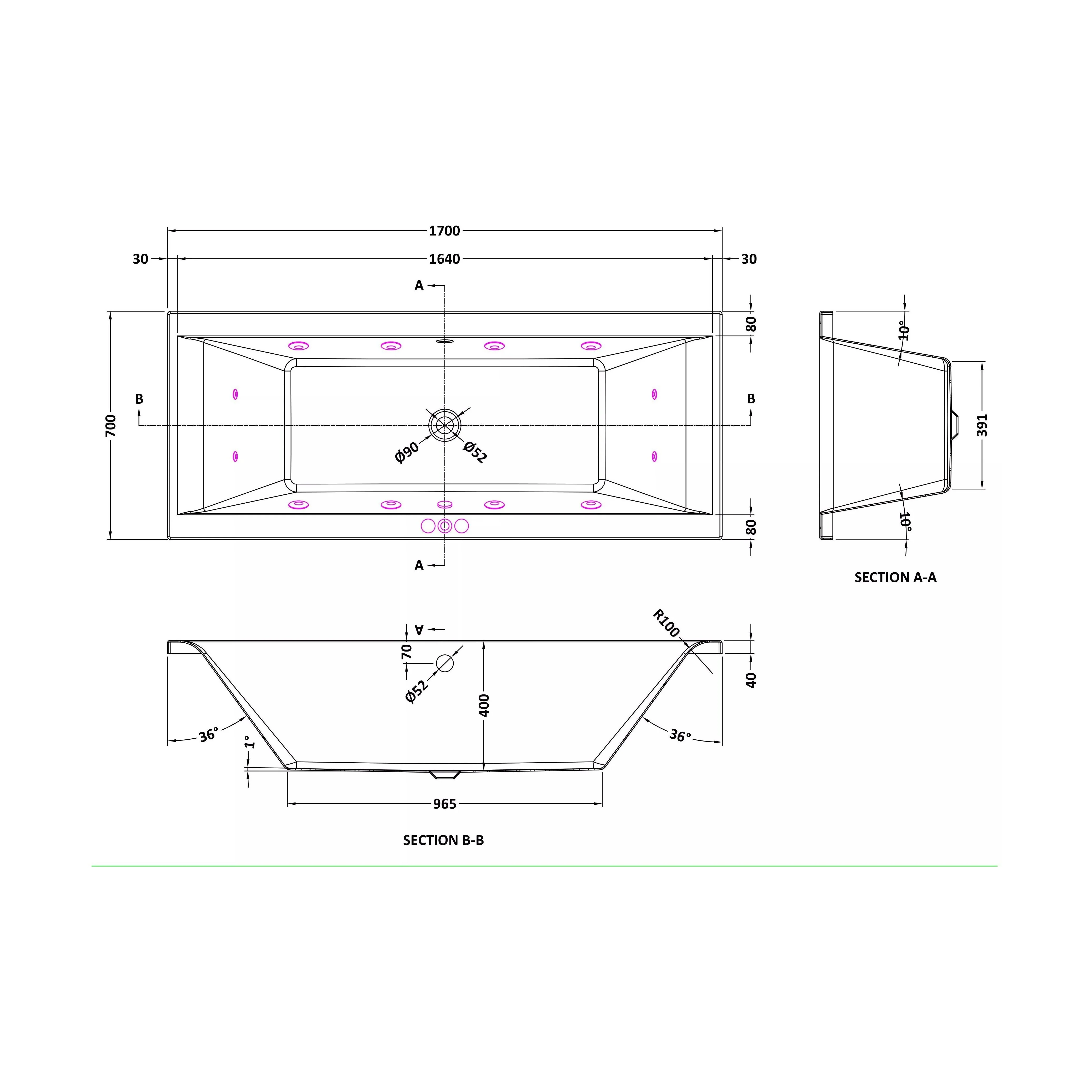 Balterley Modern Square Double Ended Straight Whirlpool Bath with 12 Chrome Jets and Leg Set, 1700 x 700mm - Image 2