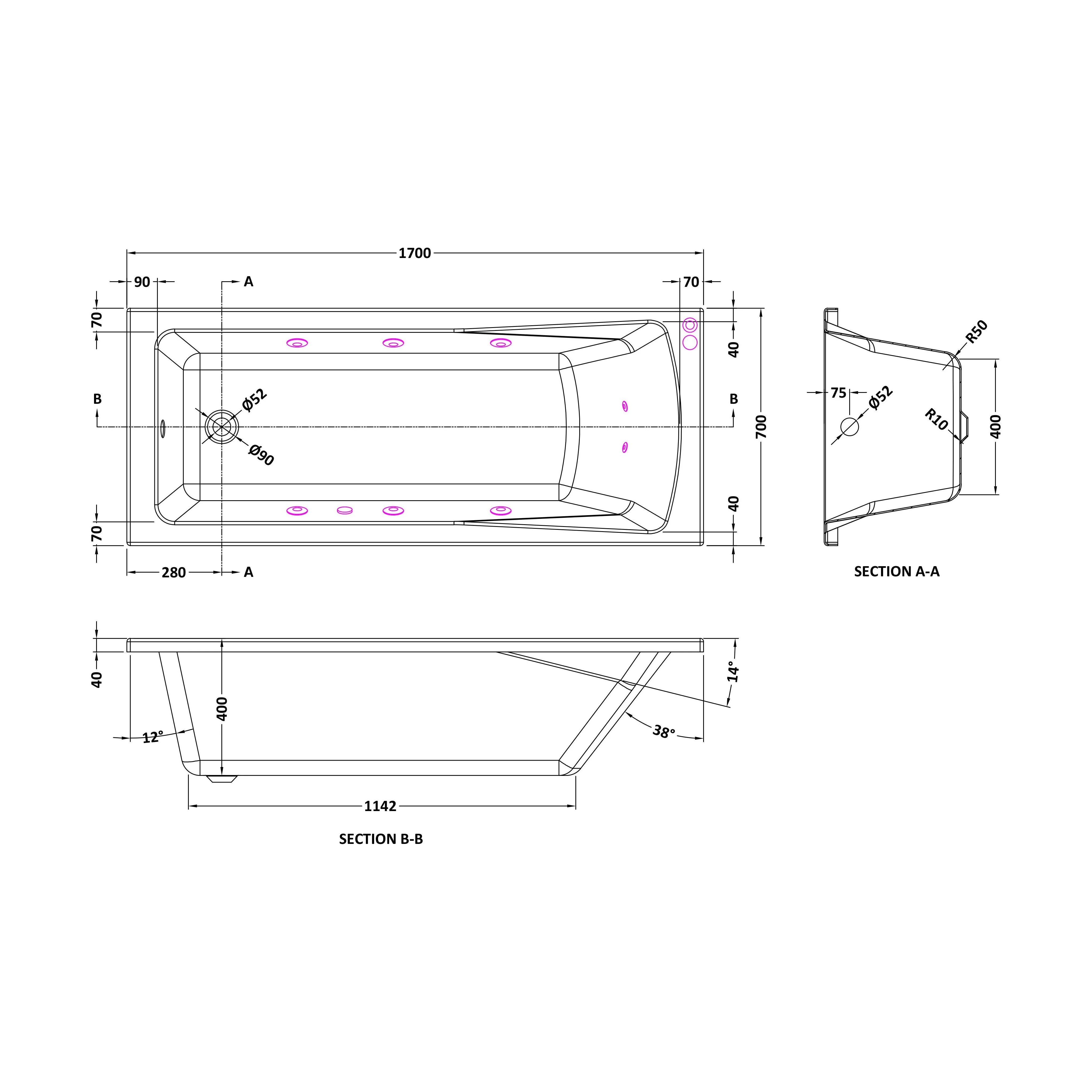 Balterley Modern Square Single Ended Straight Whirlpool Bath with 8 Chrome Jets and Leg Set 1700 x 700mm - Image 2