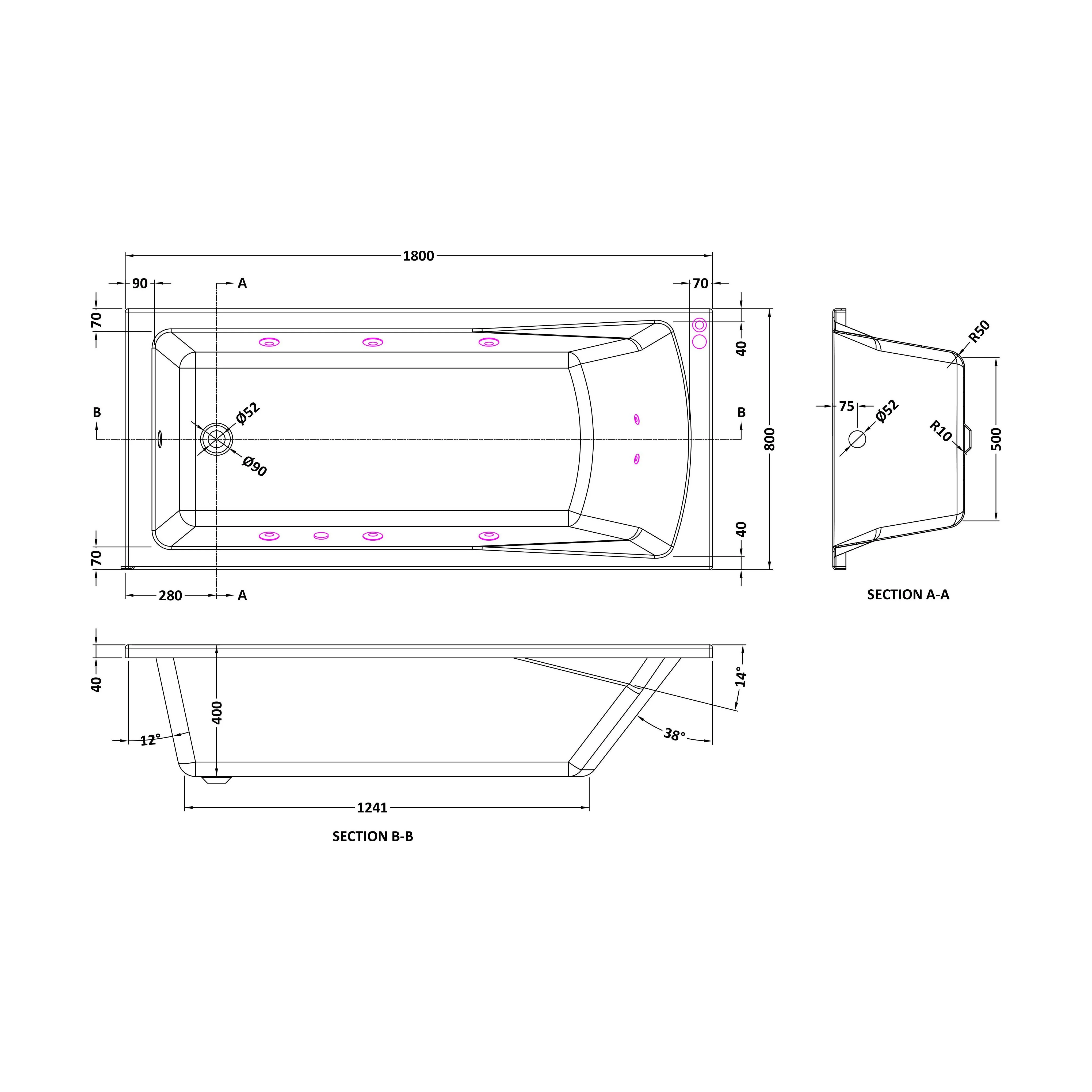 Balterley Modern Square Single Ended Straight Whirlpool Bath with 8 Chrome Jets and Leg Set, 1800 x 800mm - Image 2