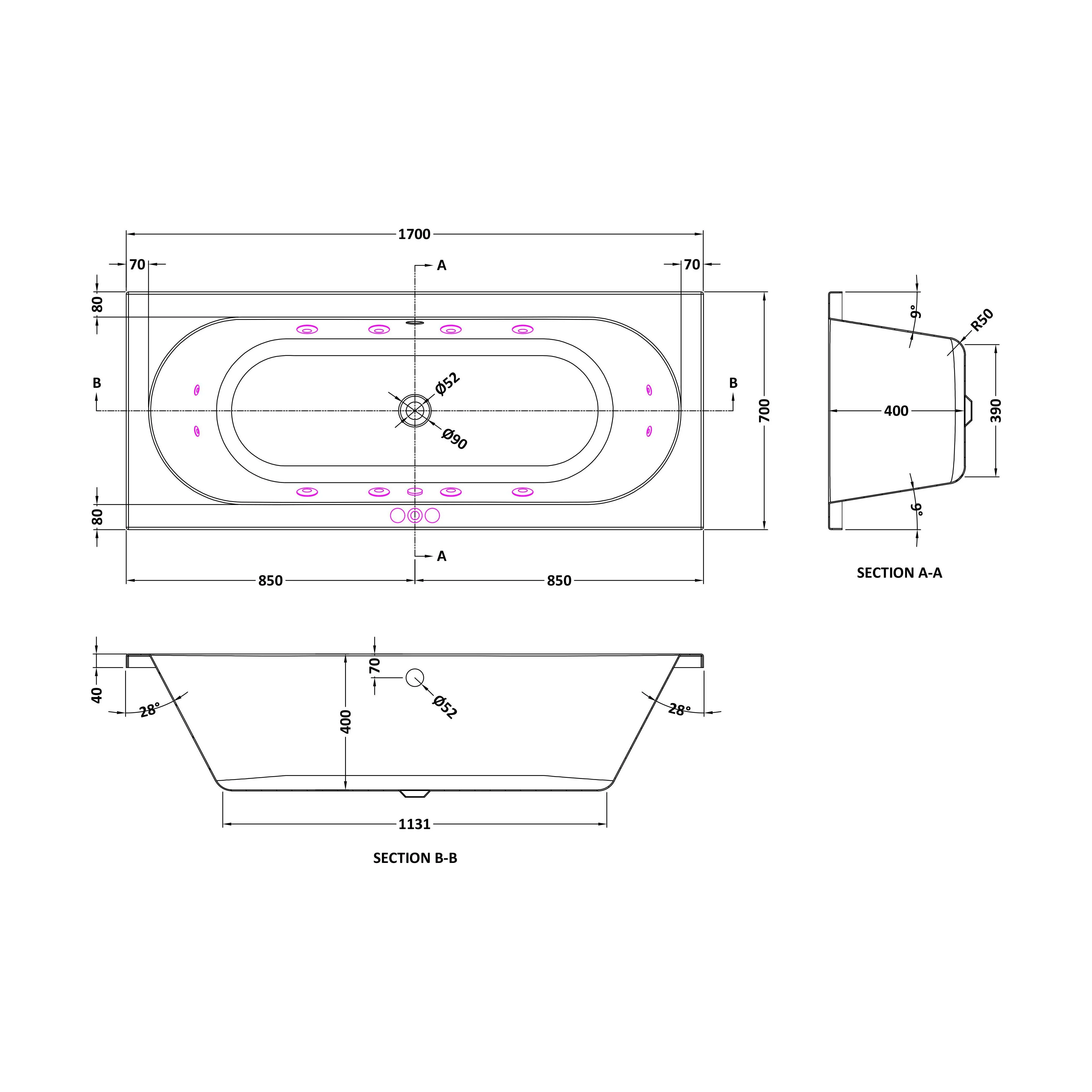 Balterley Modern Round Double Ended Whirlpool Bath with 12 Chrome Jets and Leg Set, 1700 x 700mm - Image 2