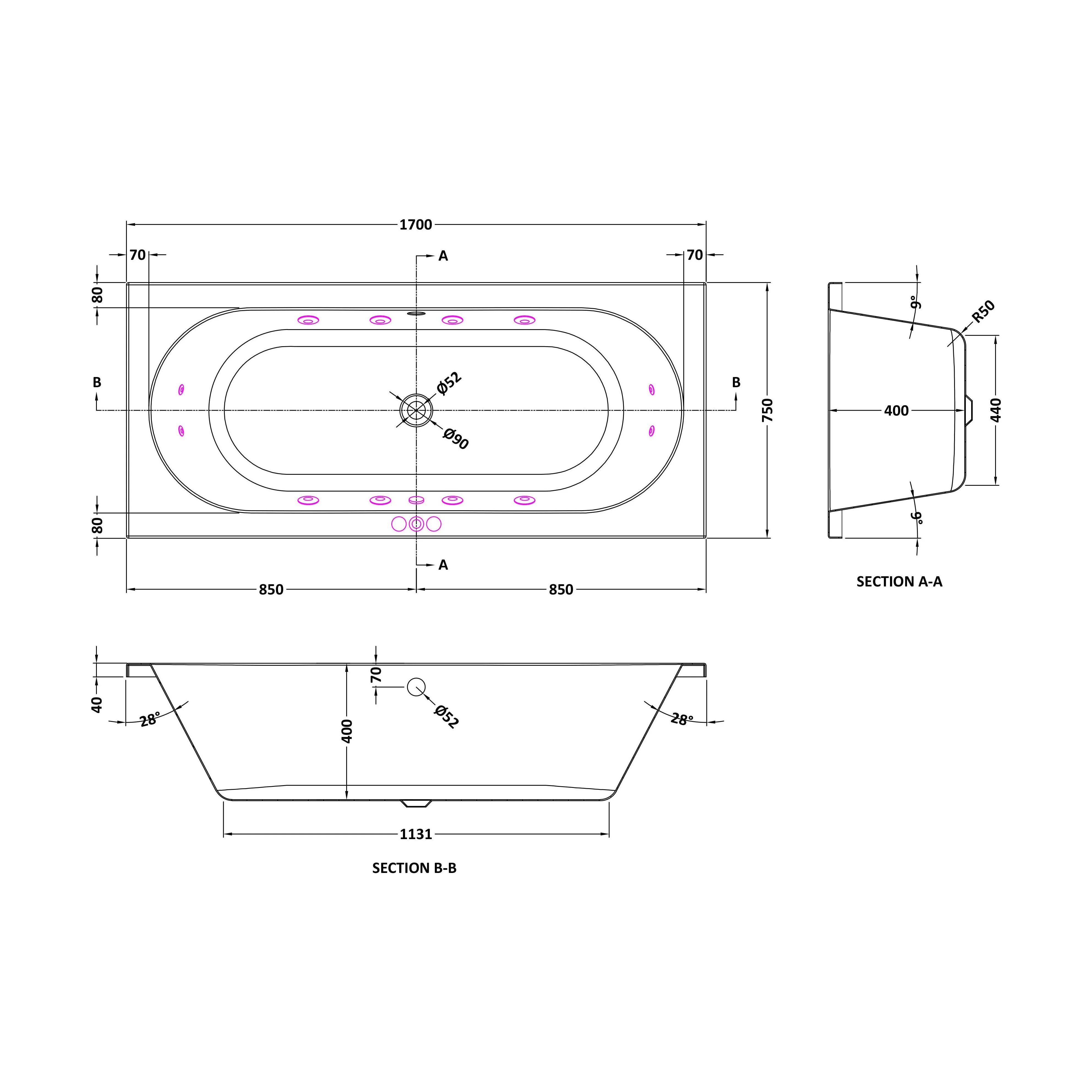 Balterley Modern Round Double Ended Whirlpool Bath with 12 Chrome Jets and Leg Set, 1700 x 750mm - Image 2