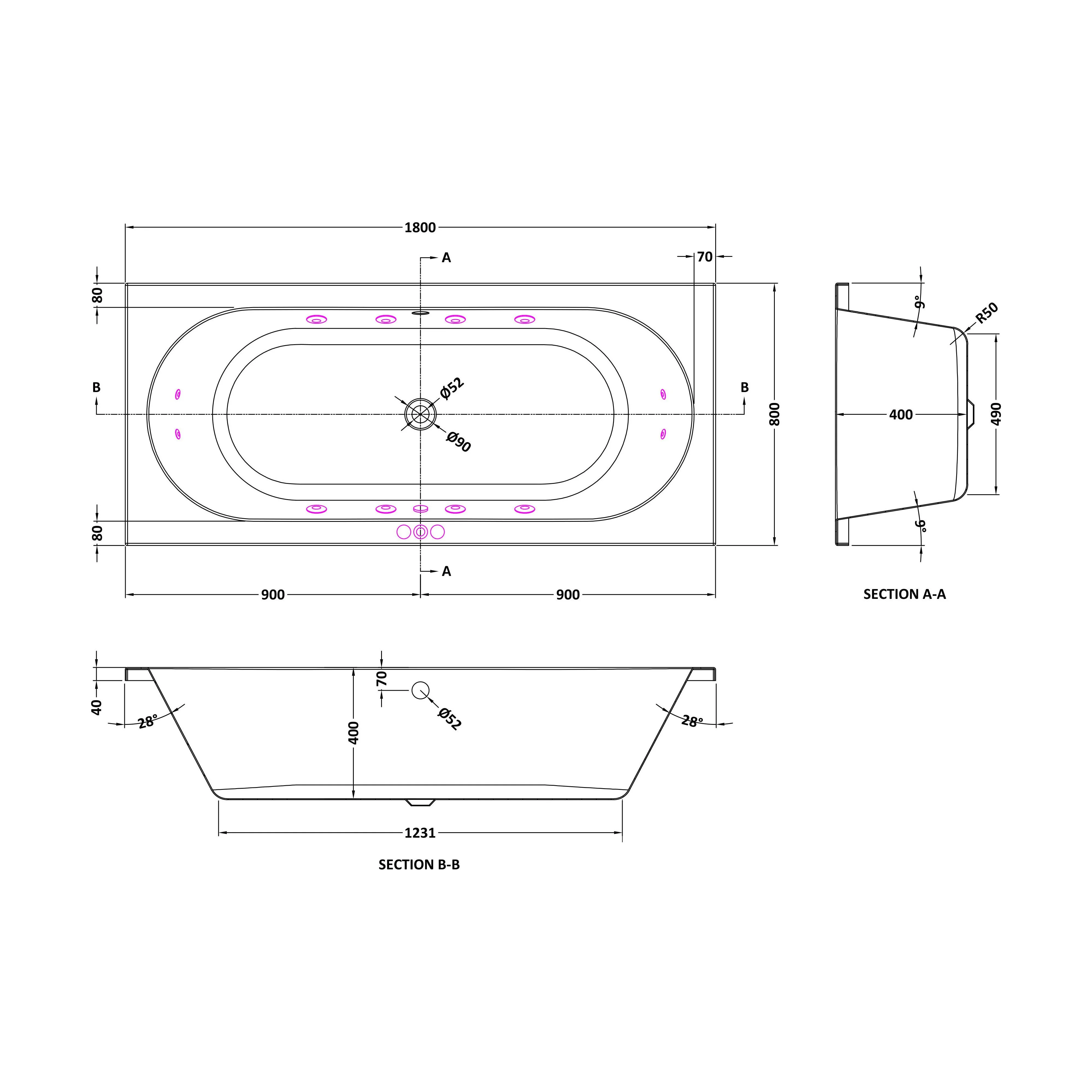 Balterley Modern Round Double Ended Whirlpool Bath with 12 Chrome Jets and Leg Set, 1800 x 800mm - Image 2