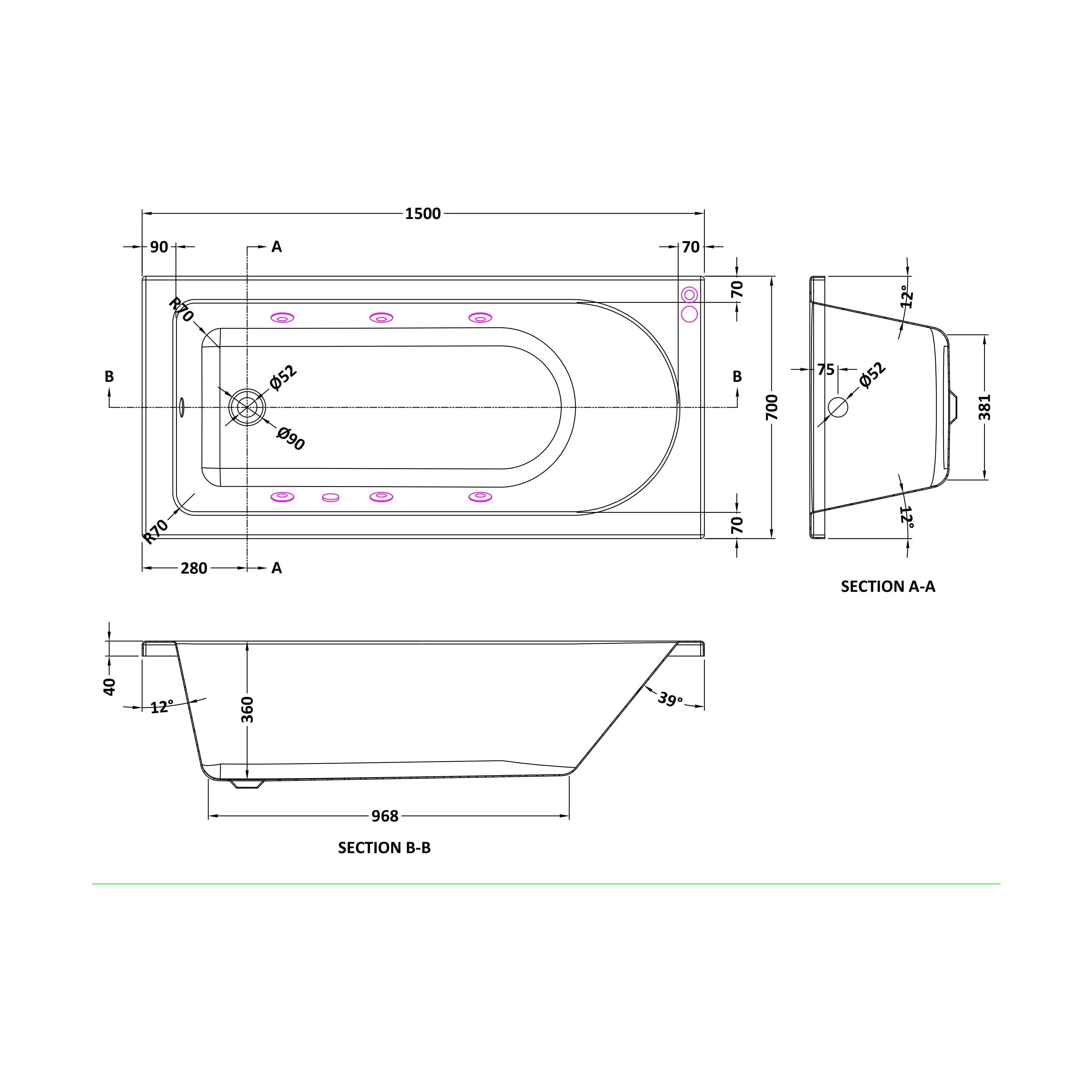 Balterley Modern Round Single Ended Straight Whirlpool Bath with 6 Chrome Jets and Leg Set, 1500 x 700mm - Image 2