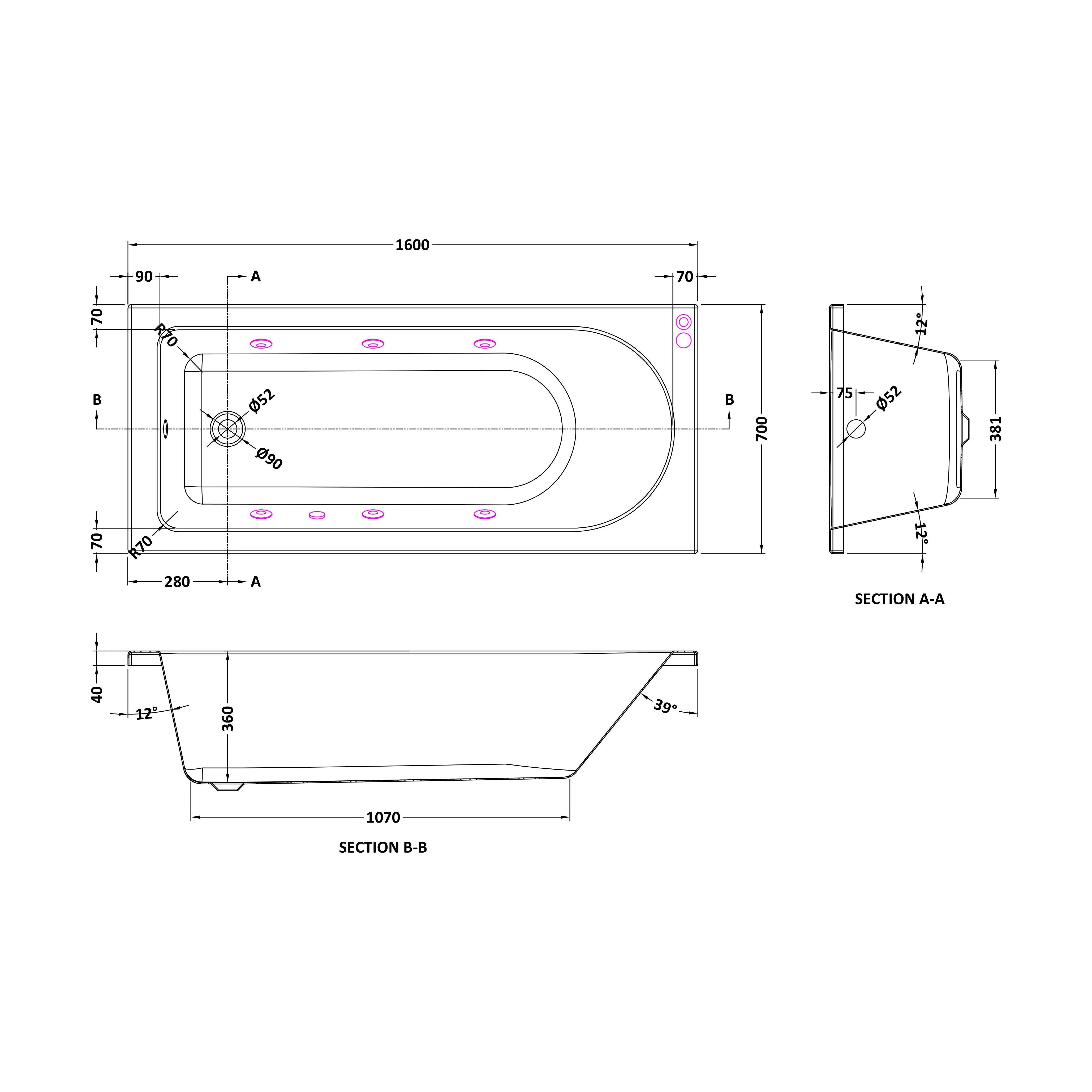 Balterley Modern Round Single Ended Straight Whirlpool Bath with 6 Chrome Jets and Leg Set, 1600 x 700mm - Image 2