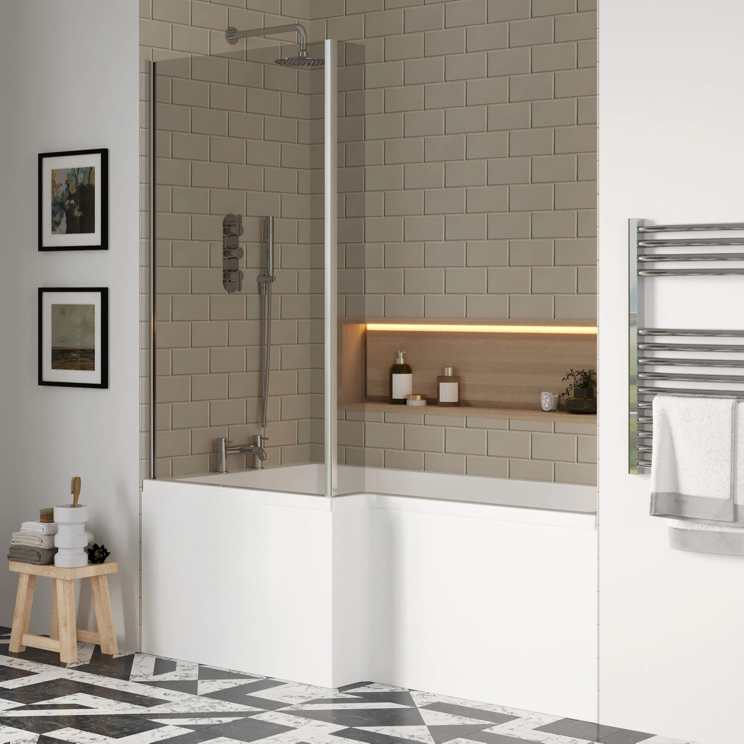 Balterley 1700 mm Left Hand L Shape Square Shower Bath with Glass Screen & Matching Front Panel Modern White Design - Image 4