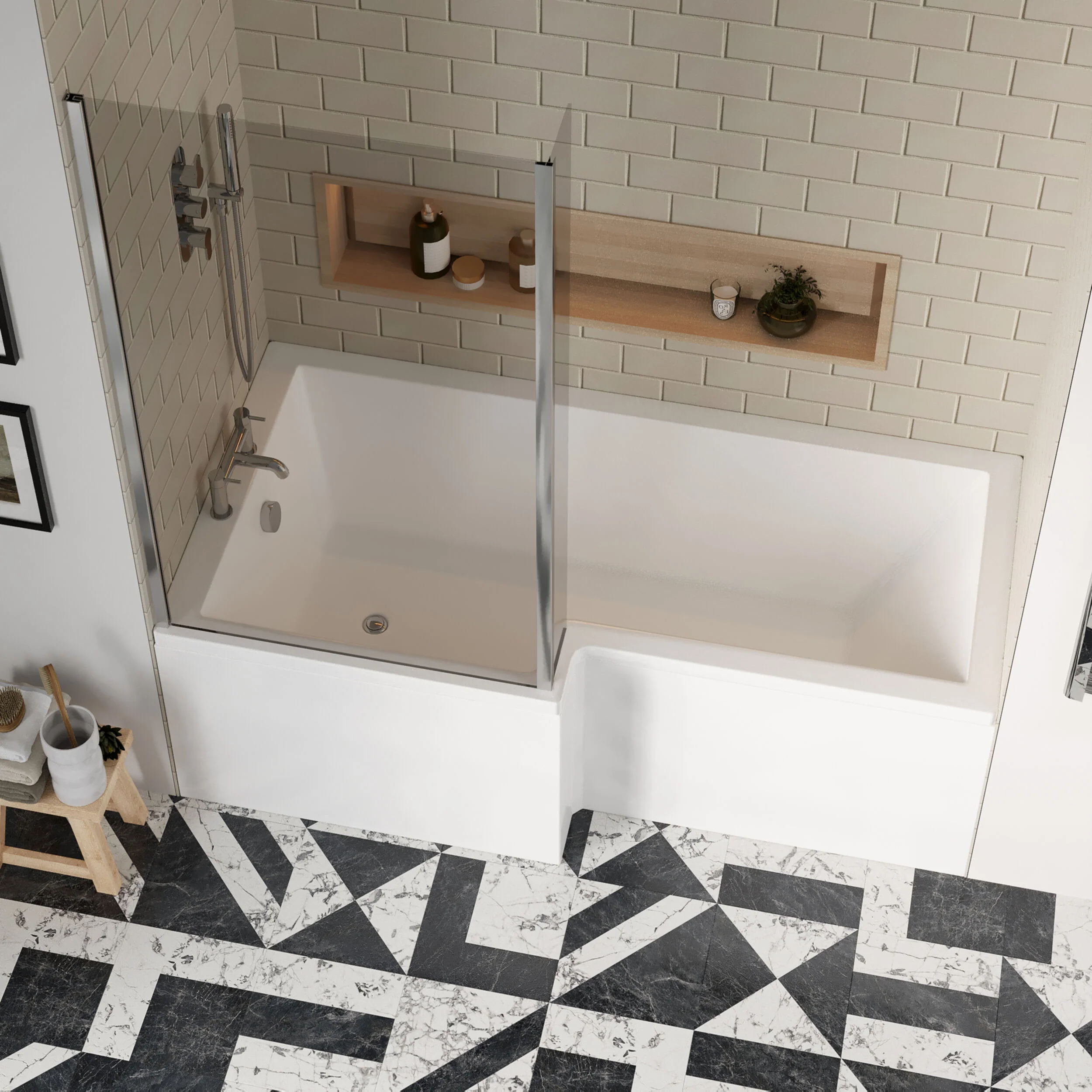 Balterley 1700 mm Right Hand L Shape Square Shower Bath with Glass Screen & Matching Front Panel Modern White Design - Image 3