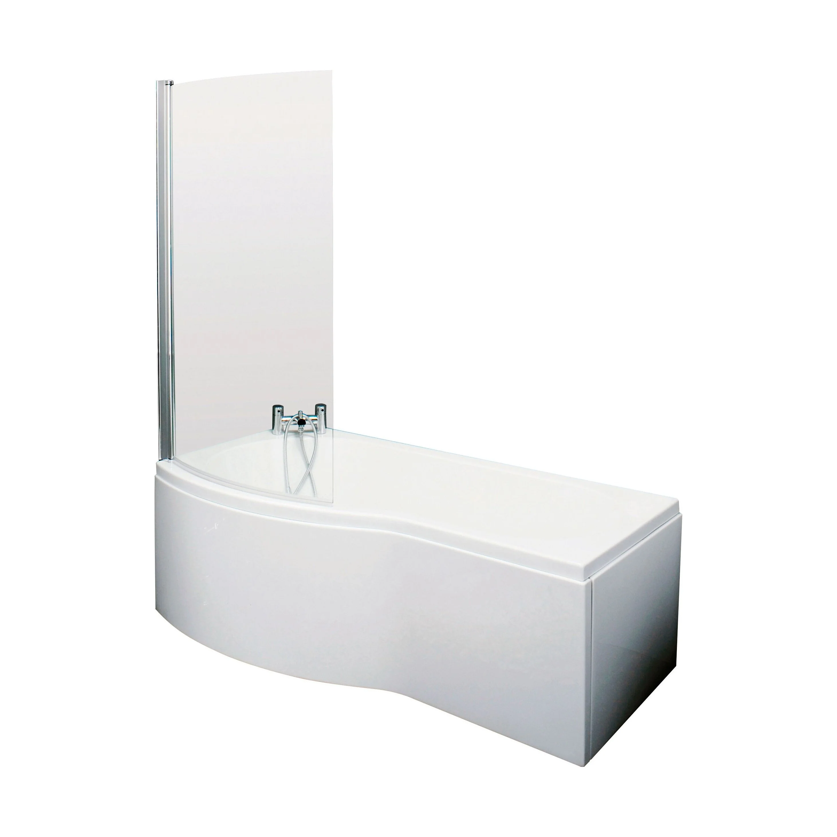 Balterley 1700 mm Left Hand B Shape Shower Bath Bundle & Tub, Curved 6 mm Safety Glass Screen & Matching Front Panel, Gloss White