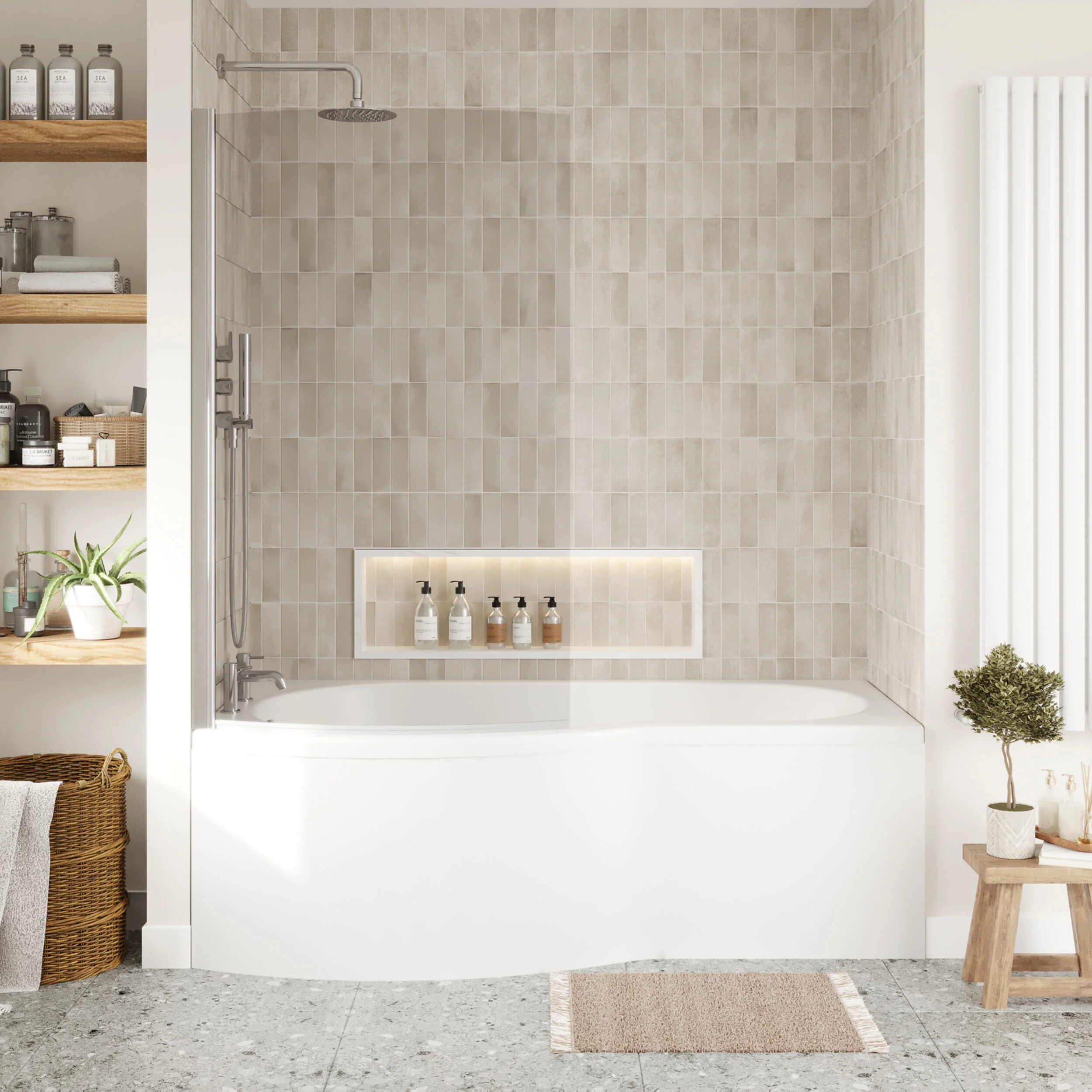 Balterley 1700 mm Left Hand B Shape Shower Bath Bundle & Tub, Curved 6 mm Safety Glass Screen & Matching Front Panel, Gloss White - Image 2