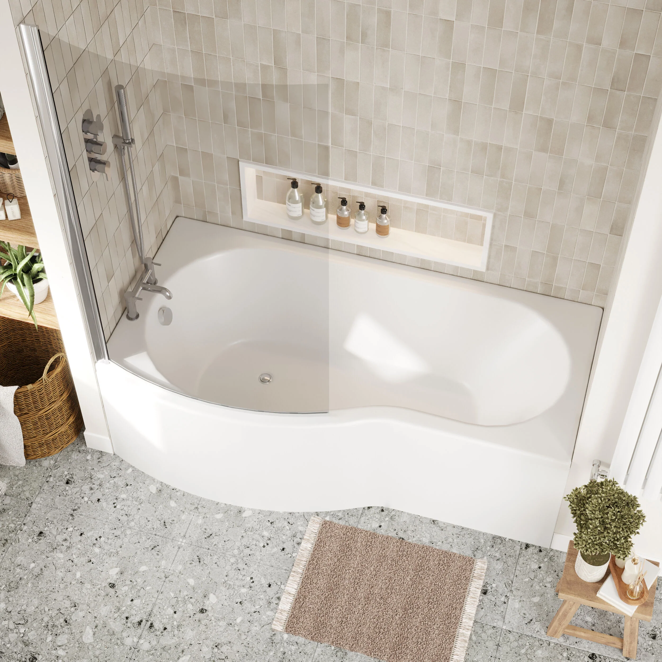 Balterley 1700 mm Left Hand B Shape Shower Bath Bundle & Tub, Curved 6 mm Safety Glass Screen & Matching Front Panel, Gloss White - Image 3