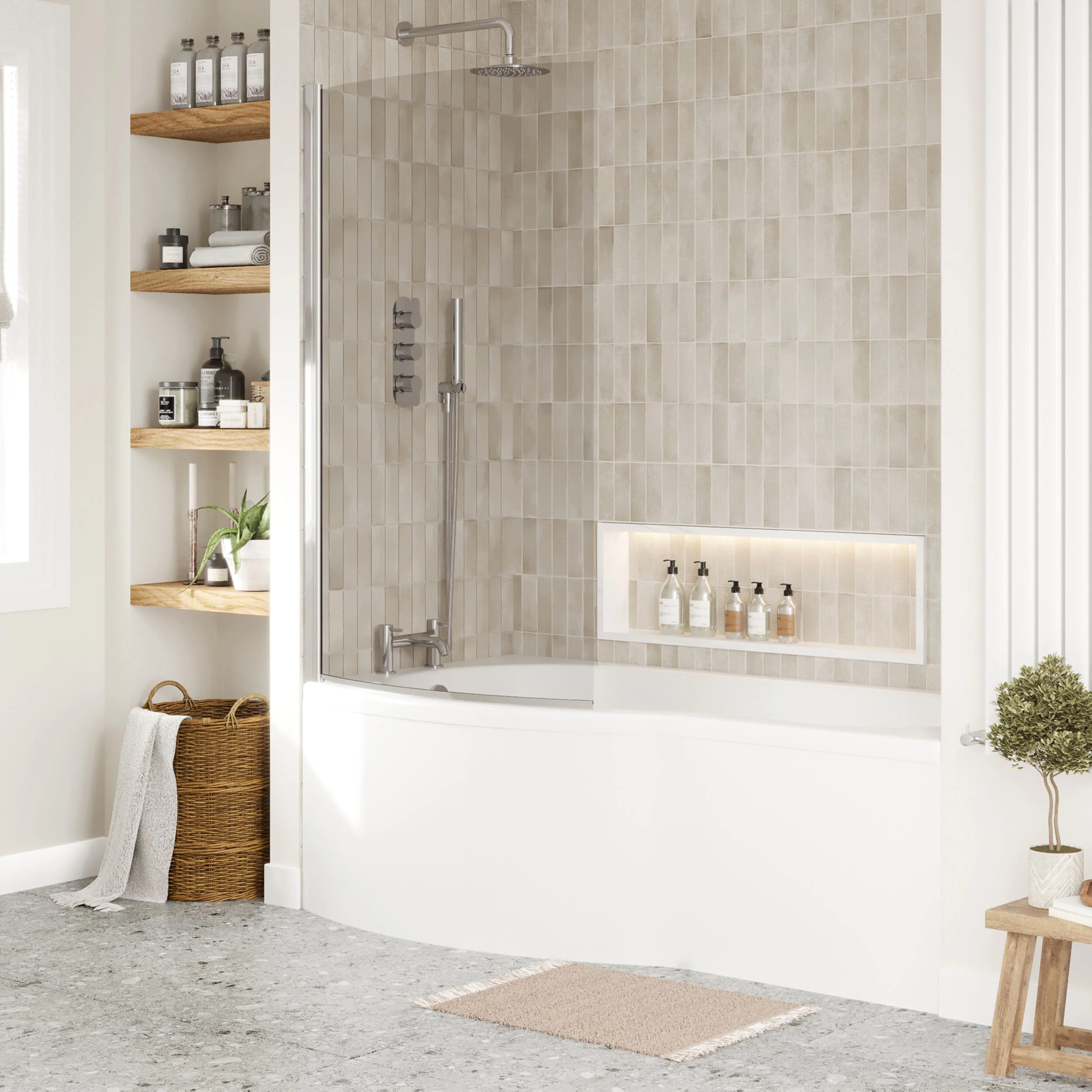 Balterley 1700 mm Left Hand B Shape Shower Bath Bundle & Tub, Curved 6 mm Safety Glass Screen & Matching Front Panel, Gloss White - Image 4