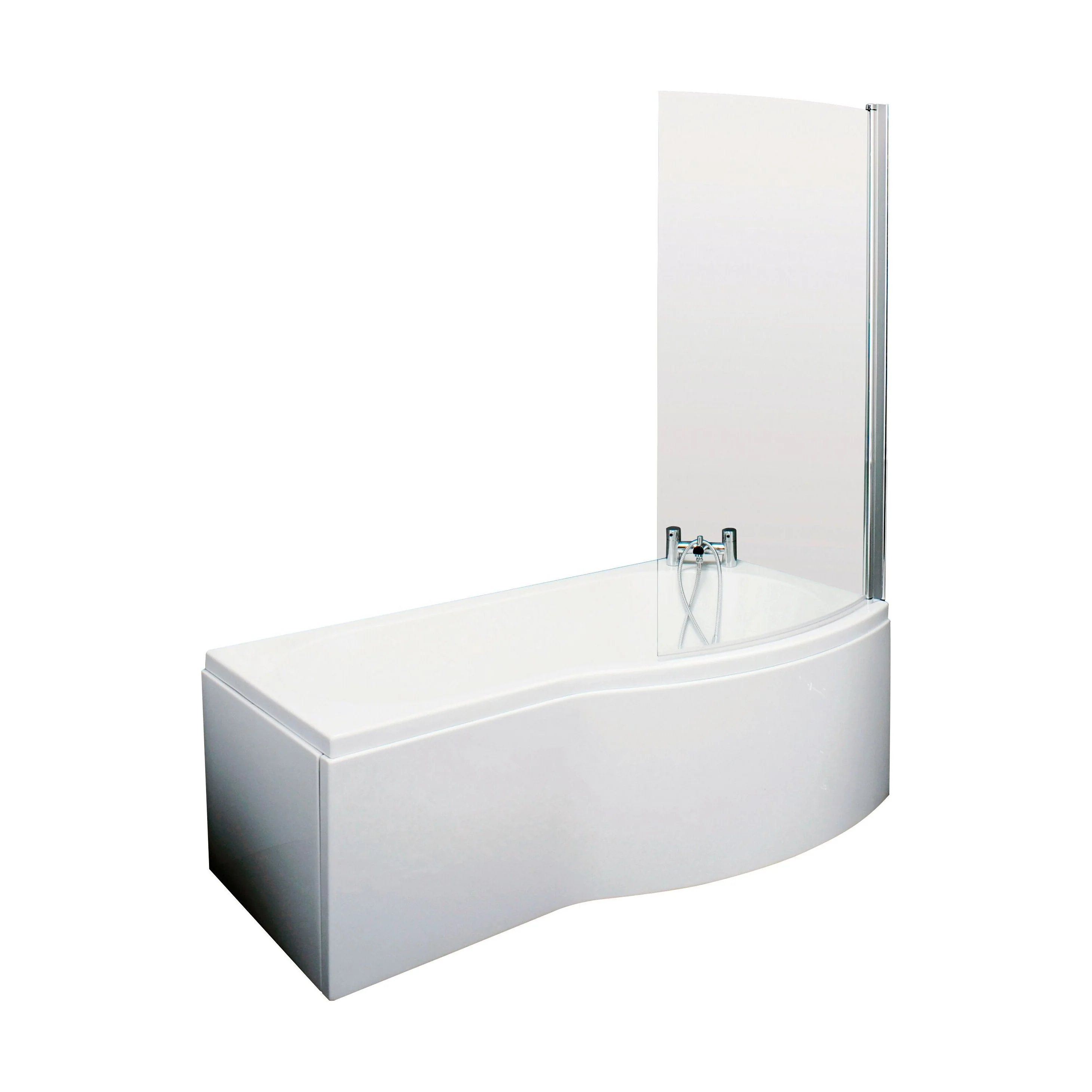 Balterley 1700 mm Right Hand B Shape Shower Bath Bundle & Tub, Curved 6 mm Safety Glass Screen & Matching Front Panel, Gloss White
