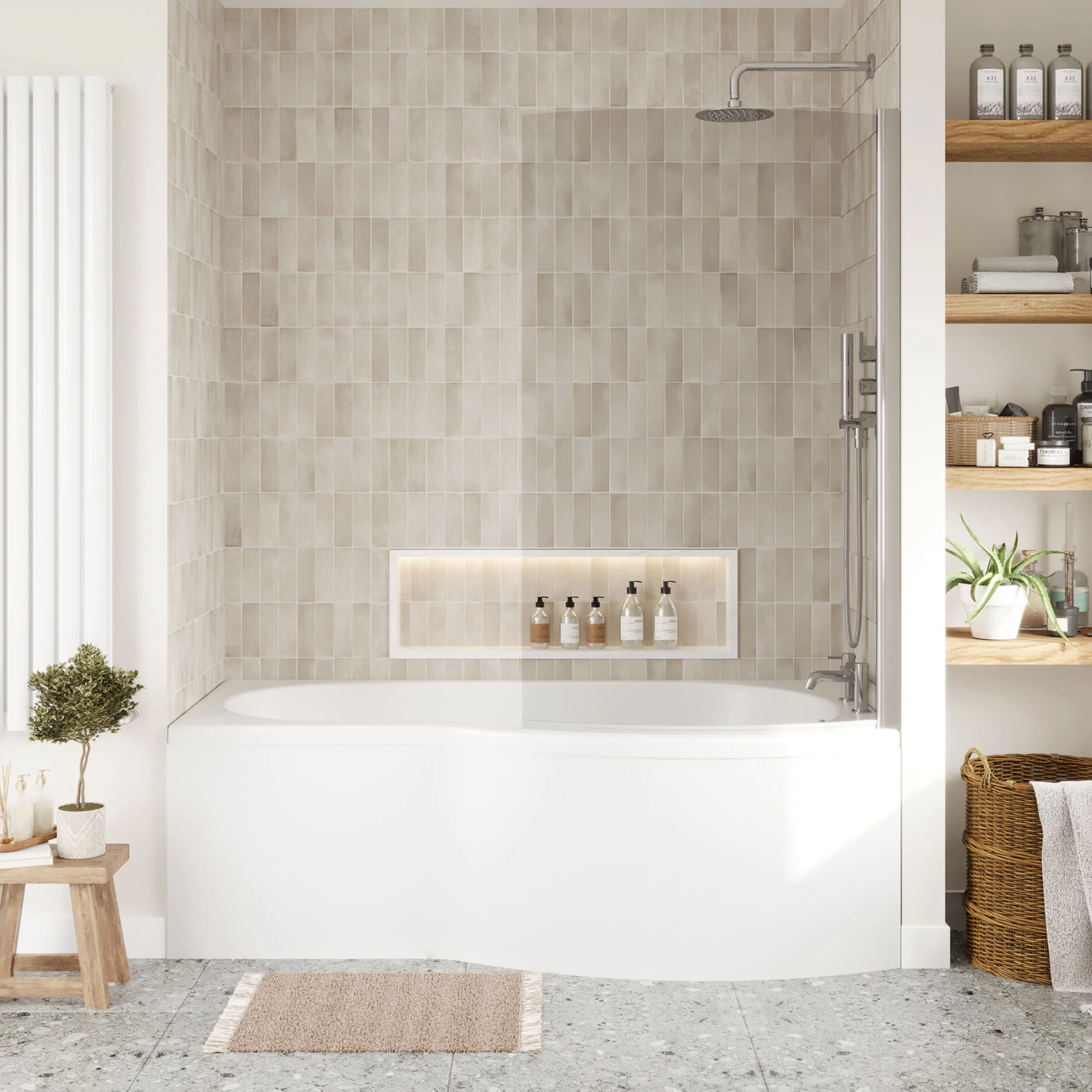 Balterley 1700 mm Right Hand B Shape Shower Bath Bundle & Tub, Curved 6 mm Safety Glass Screen & Matching Front Panel, Gloss White - Image 2