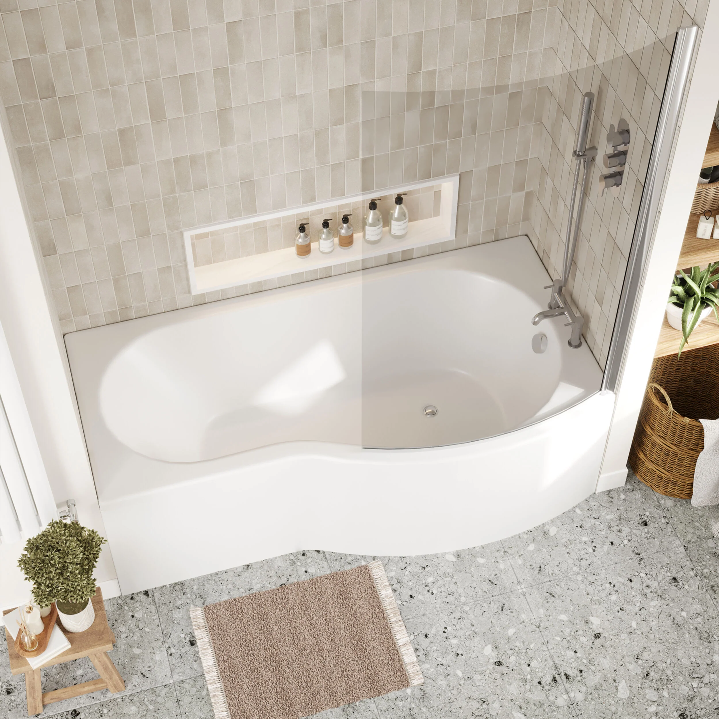 Balterley 1700 mm Right Hand B Shape Shower Bath Bundle & Tub, Curved 6 mm Safety Glass Screen & Matching Front Panel, Gloss White - Image 3