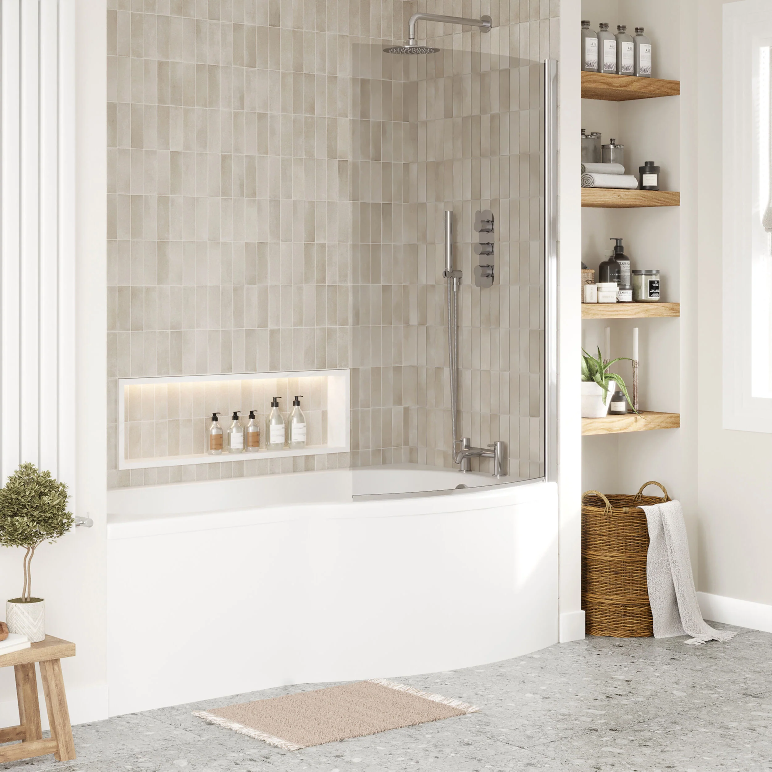 Balterley 1700 mm Right Hand B Shape Shower Bath Bundle & Tub, Curved 6 mm Safety Glass Screen & Matching Front Panel, Gloss White - Image 4