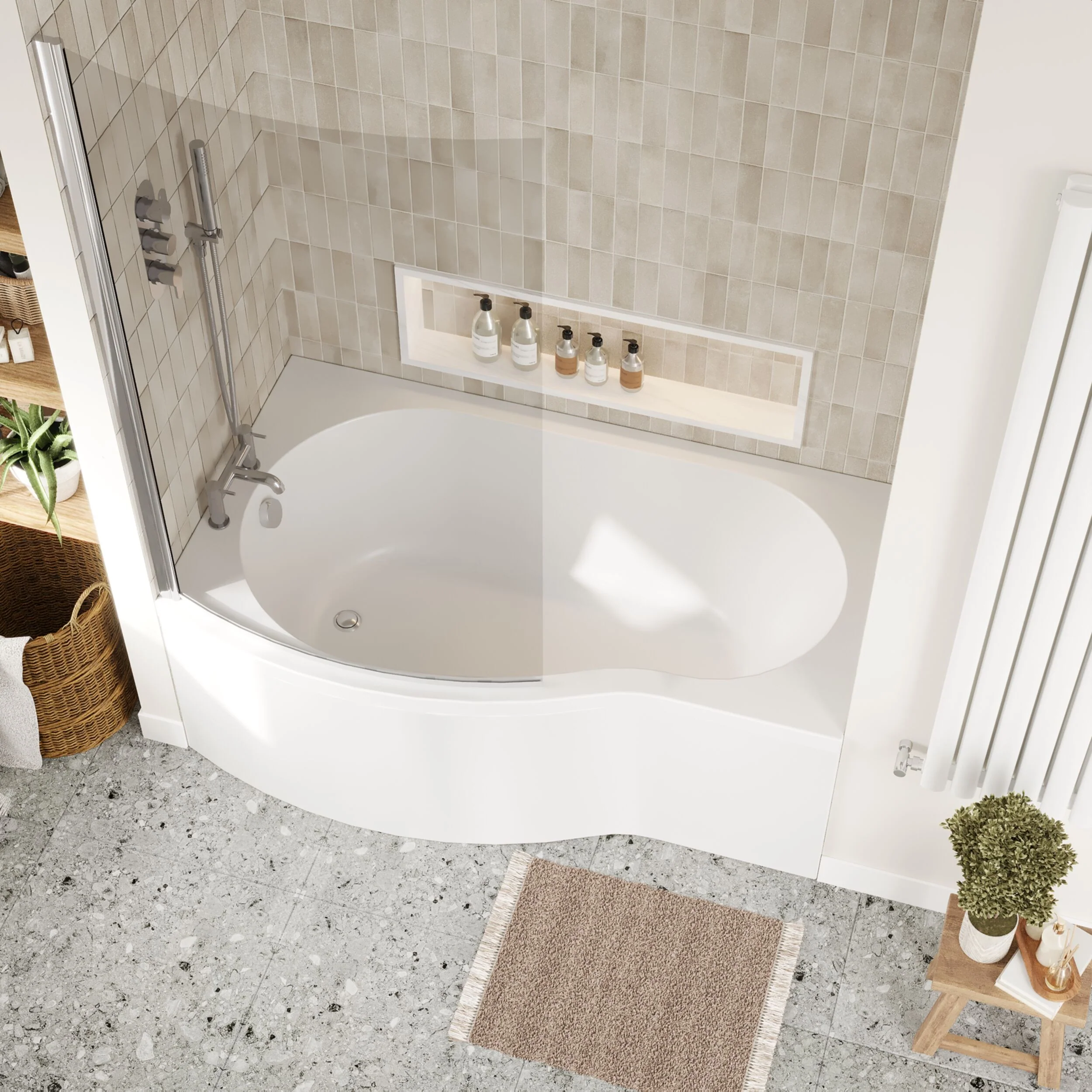 Balterley 1500 mm Left Hand B Shape Shower Bath Bundle & Tub, Curved 6 mm Safety Glass Screen & Matching Front Panel, Gloss White - Image 3