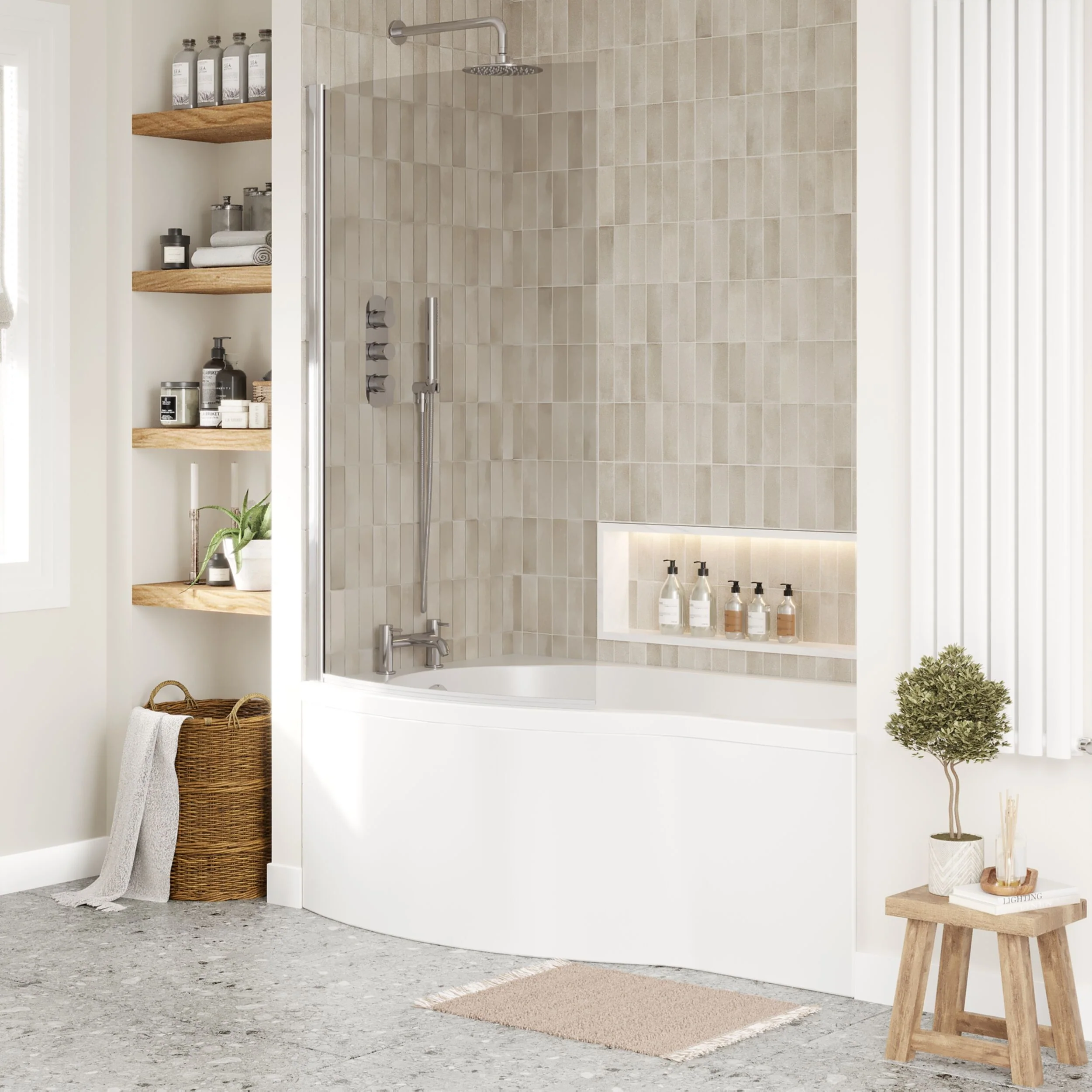Balterley 1500 mm Left Hand B Shape Shower Bath Bundle & Tub, Curved 6 mm Safety Glass Screen & Matching Front Panel, Gloss White - Image 4
