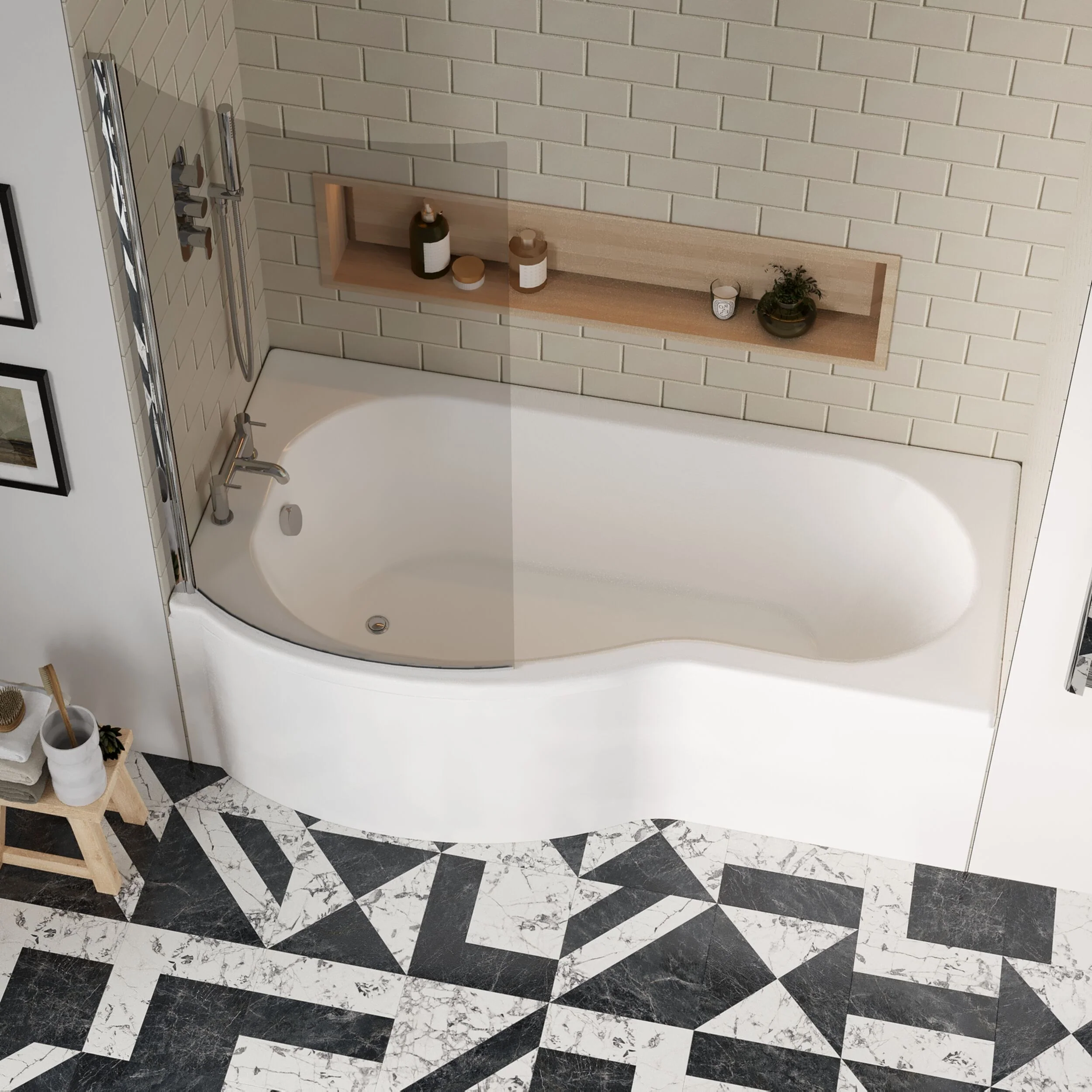 Balterley 1700 mm Left Hand P Shape Square Shower Bath with Glass Screen & Matching Front Panel Modern White Design - Image 3
