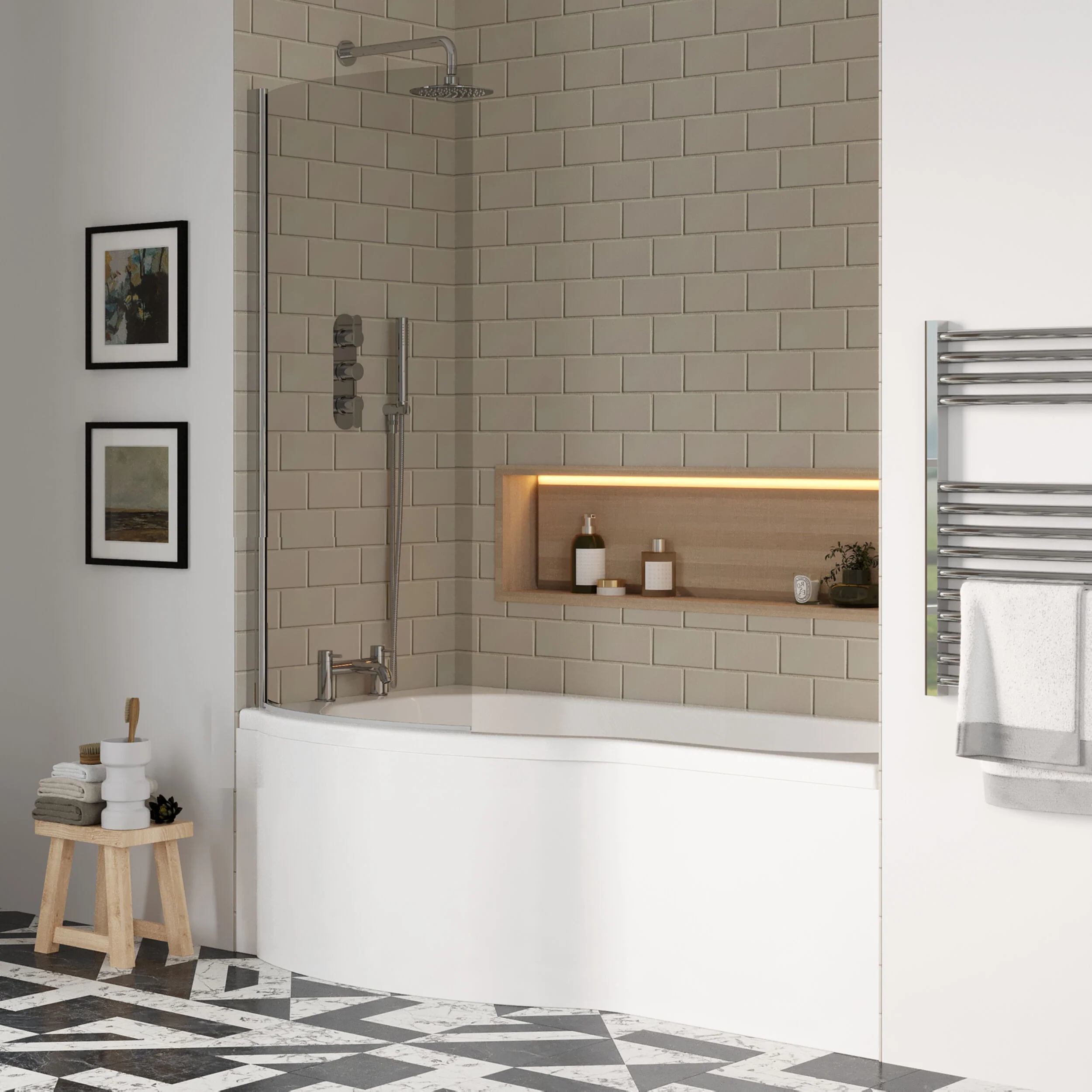 Balterley 1700 mm Left Hand P Shape Square Shower Bath with Glass Screen & Matching Front Panel Modern White Design - Image 4