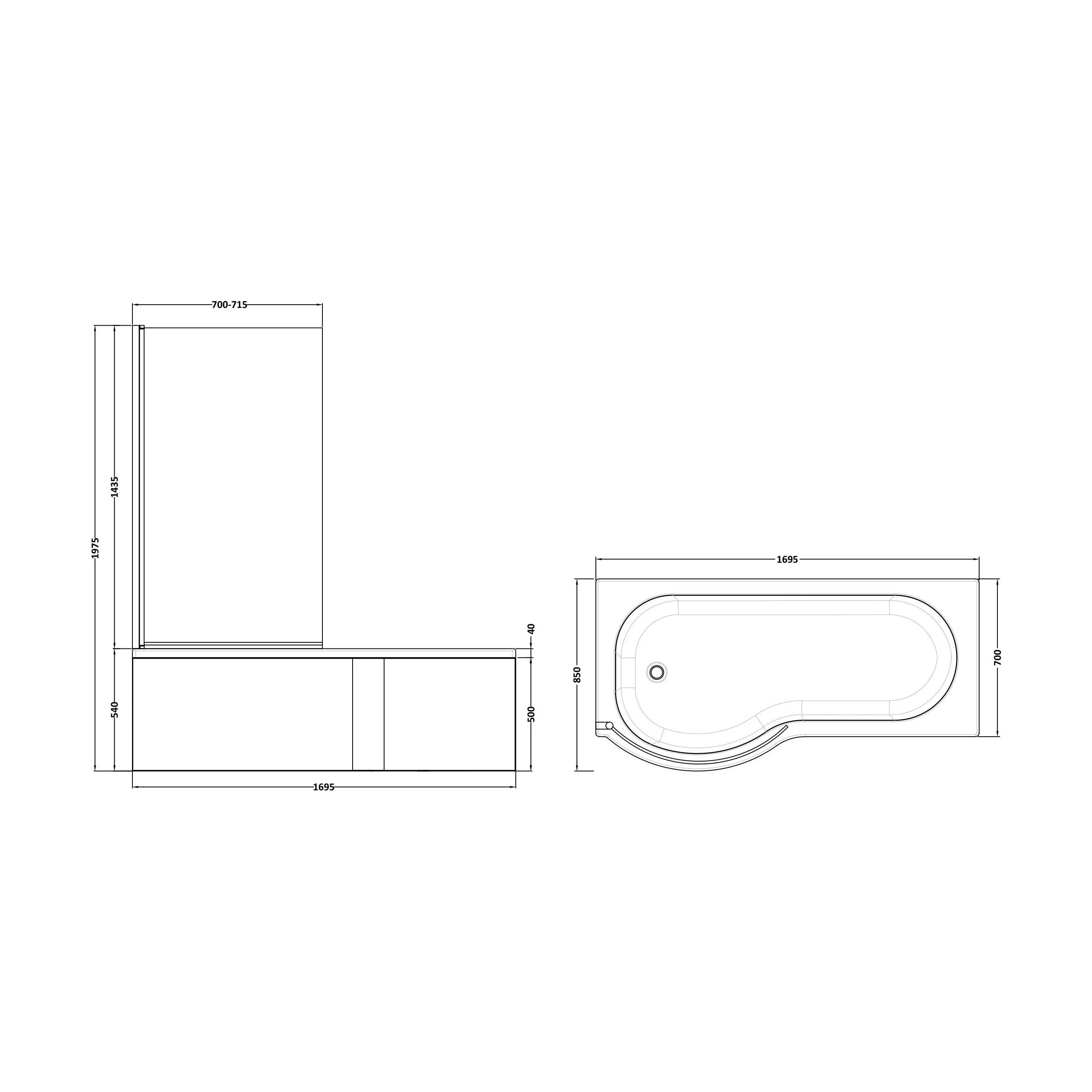 Balterley 1700 mm Left Hand P Shape Square Shower Bath with Glass Screen & Matching Front Panel Modern White Design - Image 5