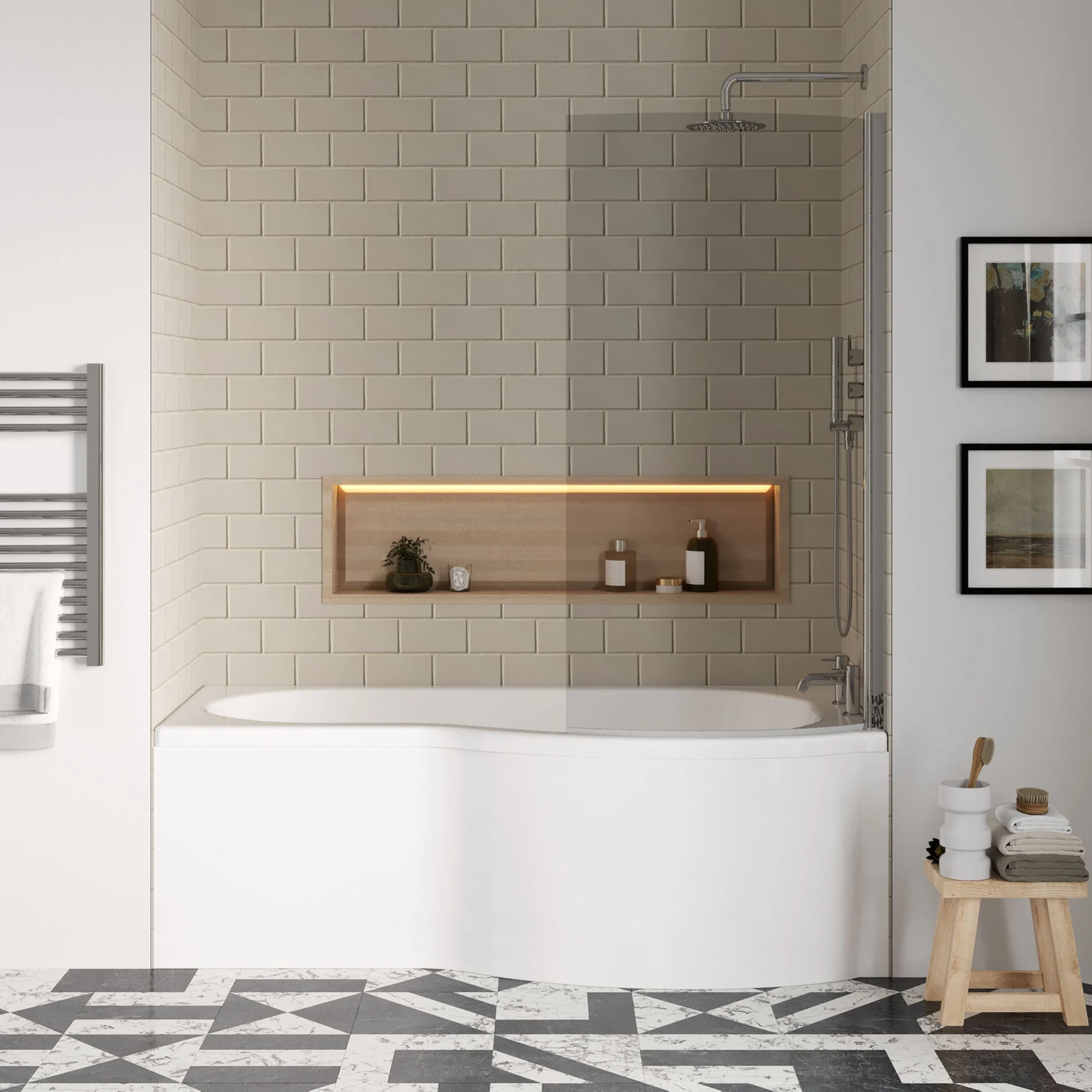 Balterley 1700 mm Right Hand P Shape Square Shower Bath with Glass Screen & Matching Front Panel Modern White Design - Image 2