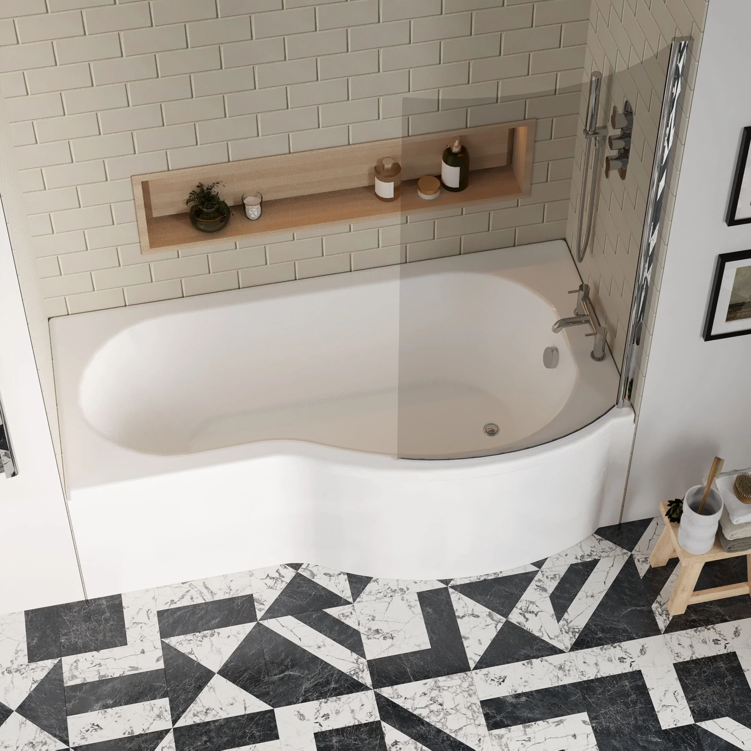 Balterley 1700 mm Right Hand P Shape Square Shower Bath with Glass Screen & Matching Front Panel Modern White Design - Image 3