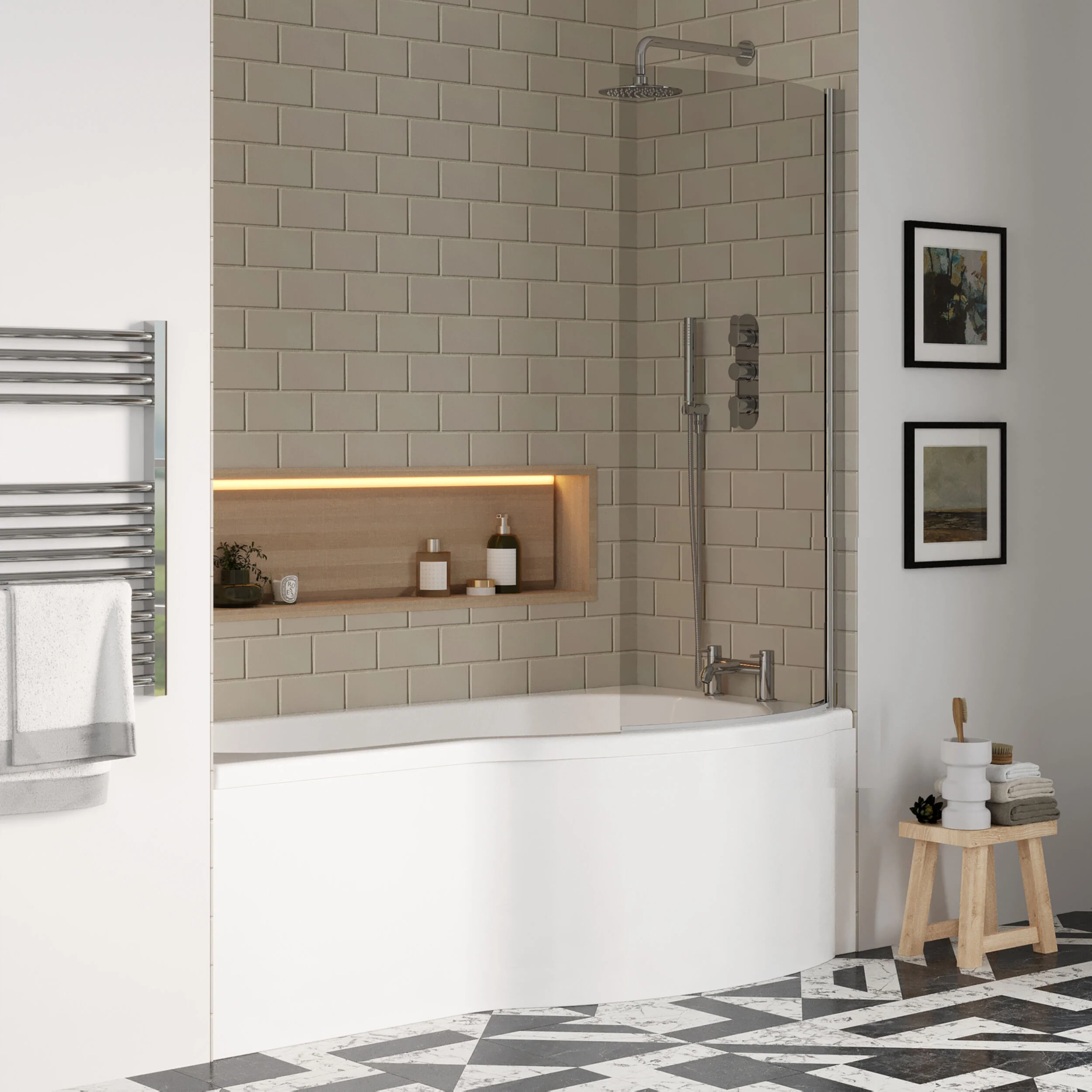 Balterley 1700 mm Right Hand P Shape Square Shower Bath with Glass Screen & Matching Front Panel Modern White Design - Image 4