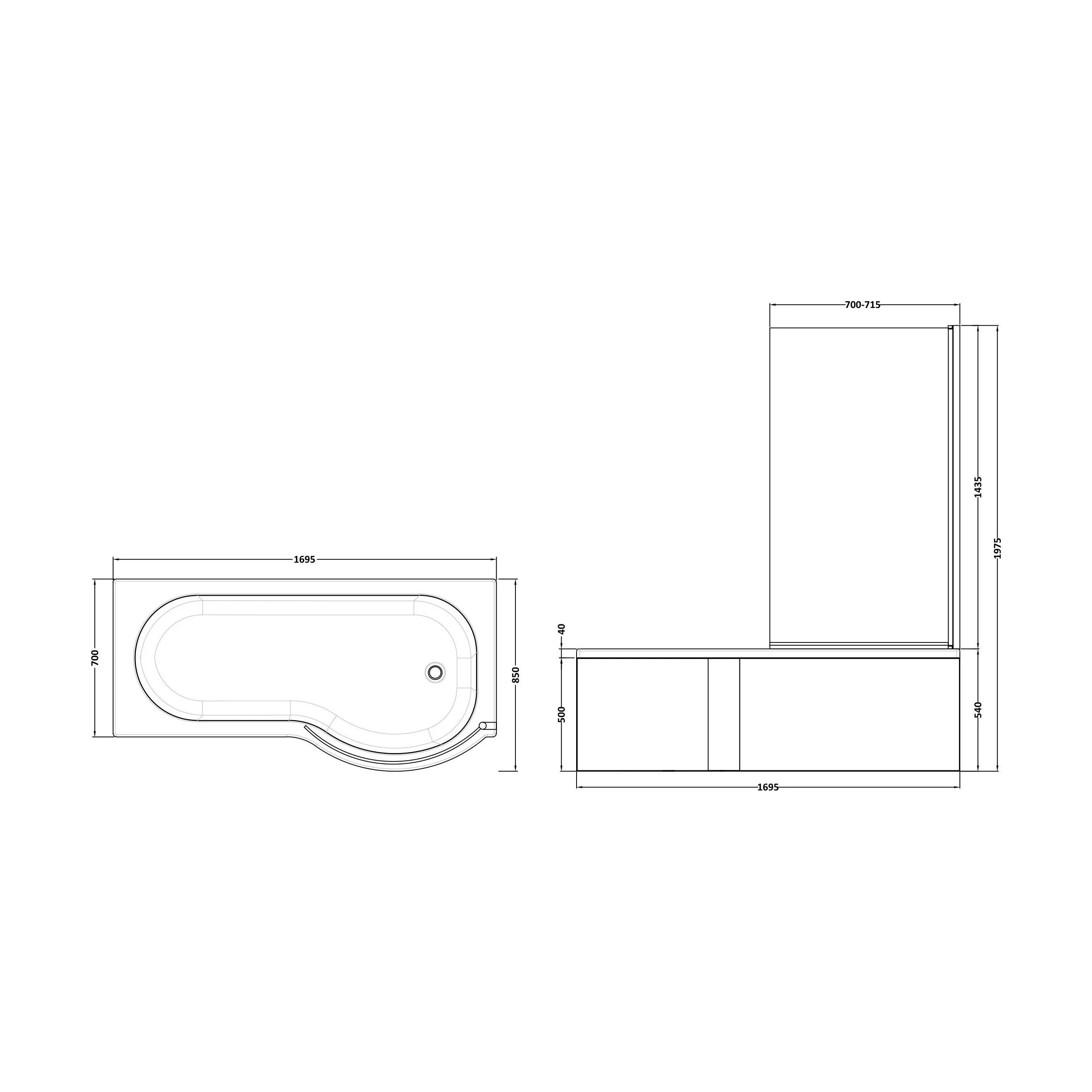 Balterley 1700 mm Right Hand P Shape Square Shower Bath with Glass Screen & Matching Front Panel Modern White Design - Image 5