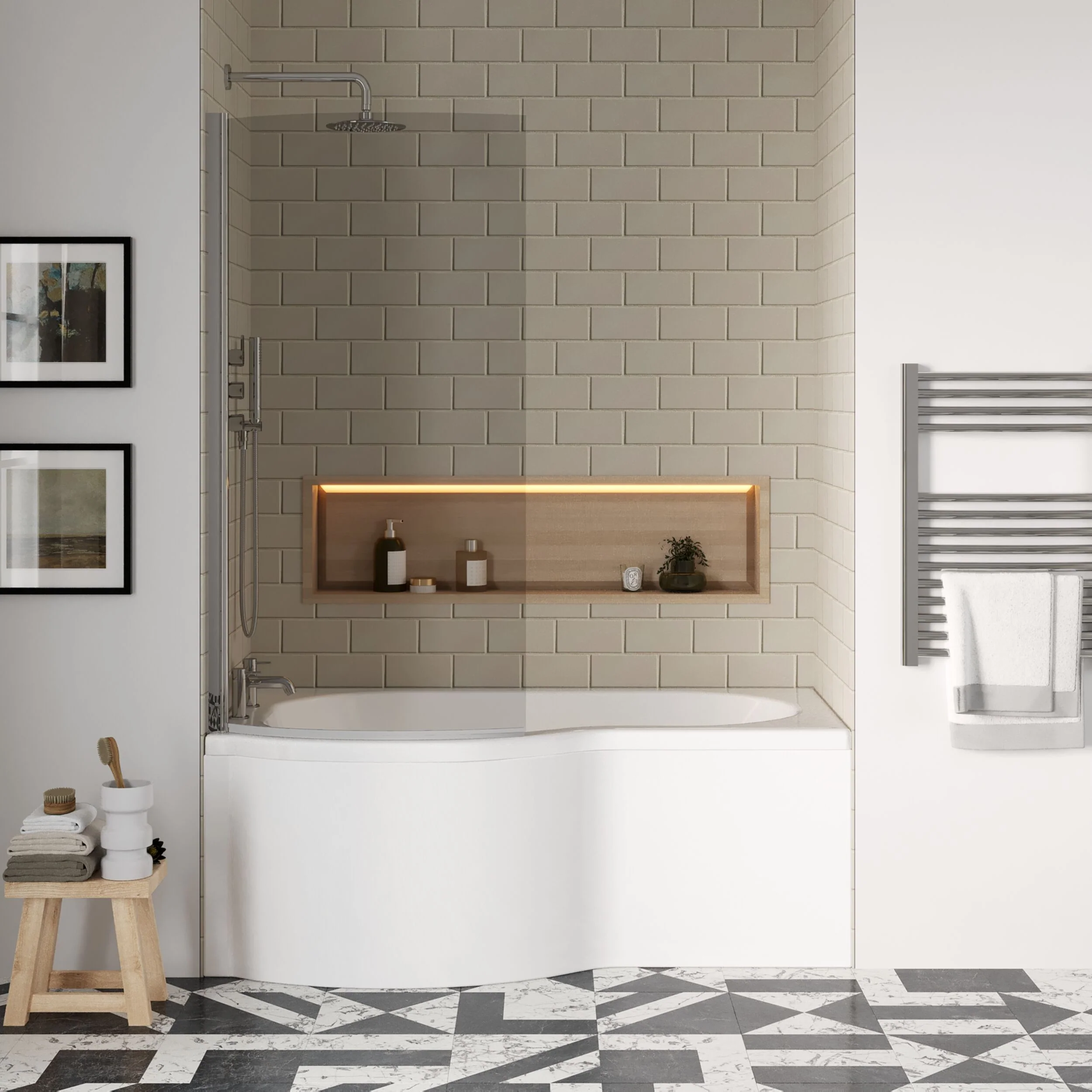 Balterley 1500 mm Left Hand P Shape Square Shower Bath with Glass Screen & Matching Front Panel Modern White Design - Image 2