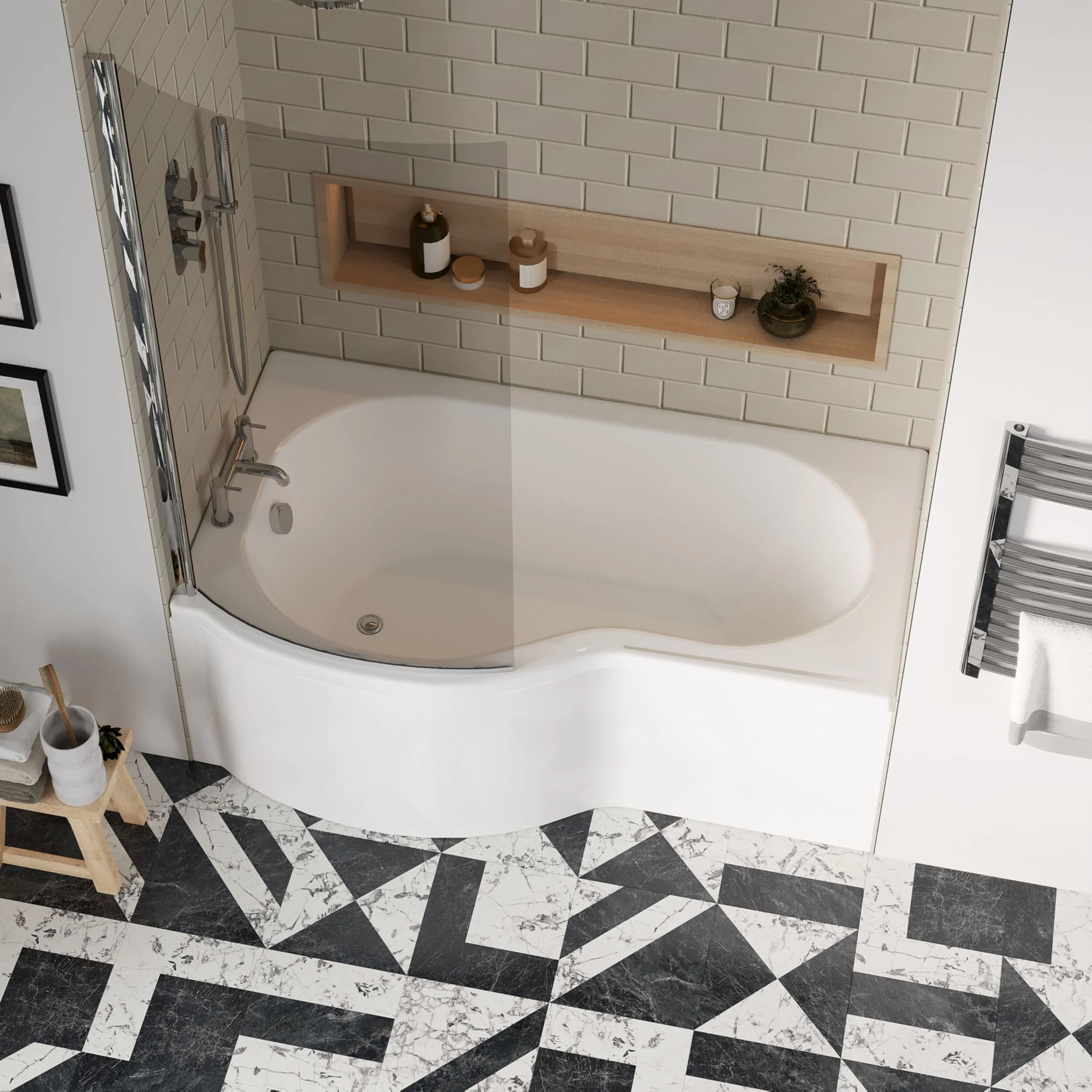Balterley 1500 mm Left Hand P Shape Square Shower Bath with Glass Screen & Matching Front Panel Modern White Design - Image 3