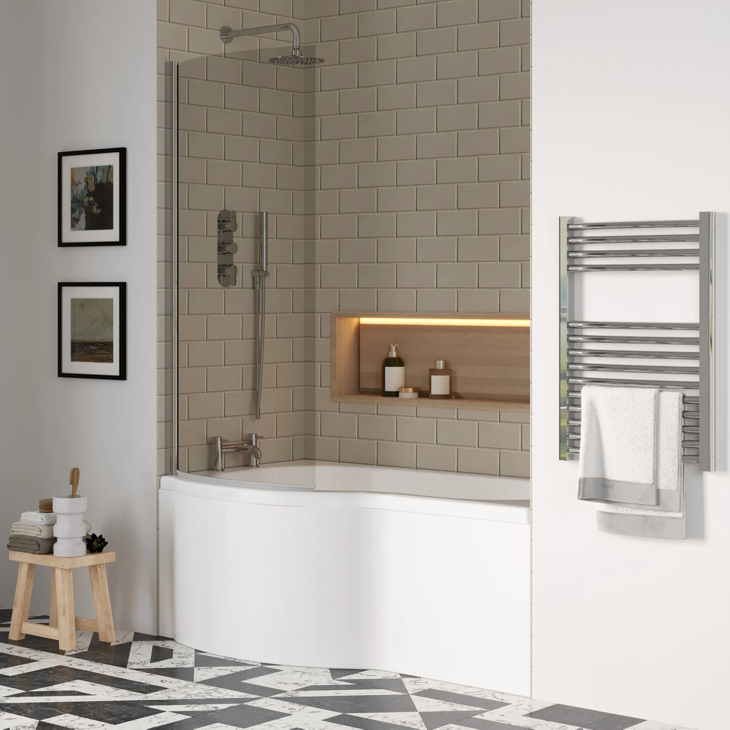 Balterley 1500 mm Left Hand P Shape Square Shower Bath with Glass Screen & Matching Front Panel Modern White Design - Image 4
