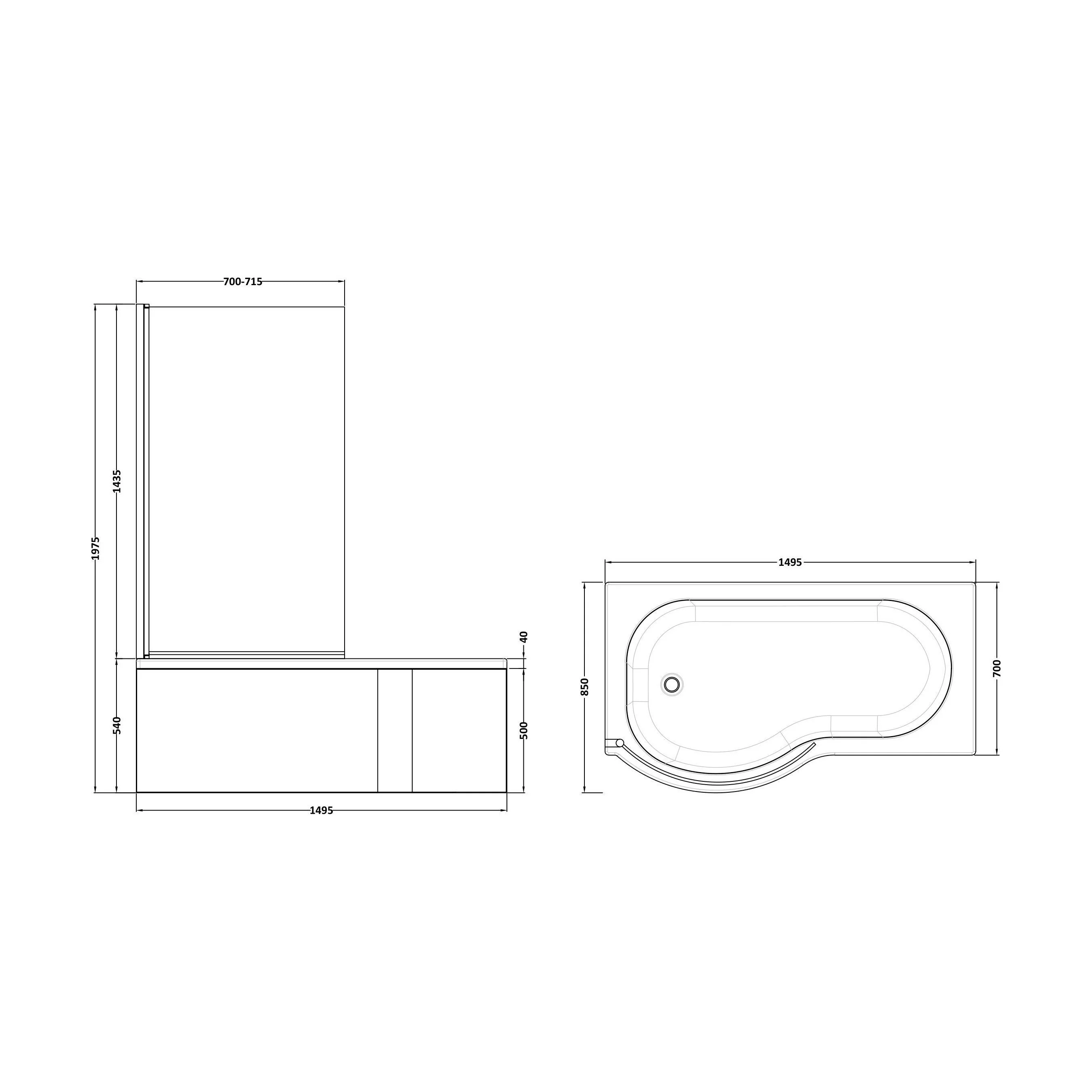 Balterley 1500 mm Left Hand P Shape Square Shower Bath with Glass Screen & Matching Front Panel Modern White Design - Image 5