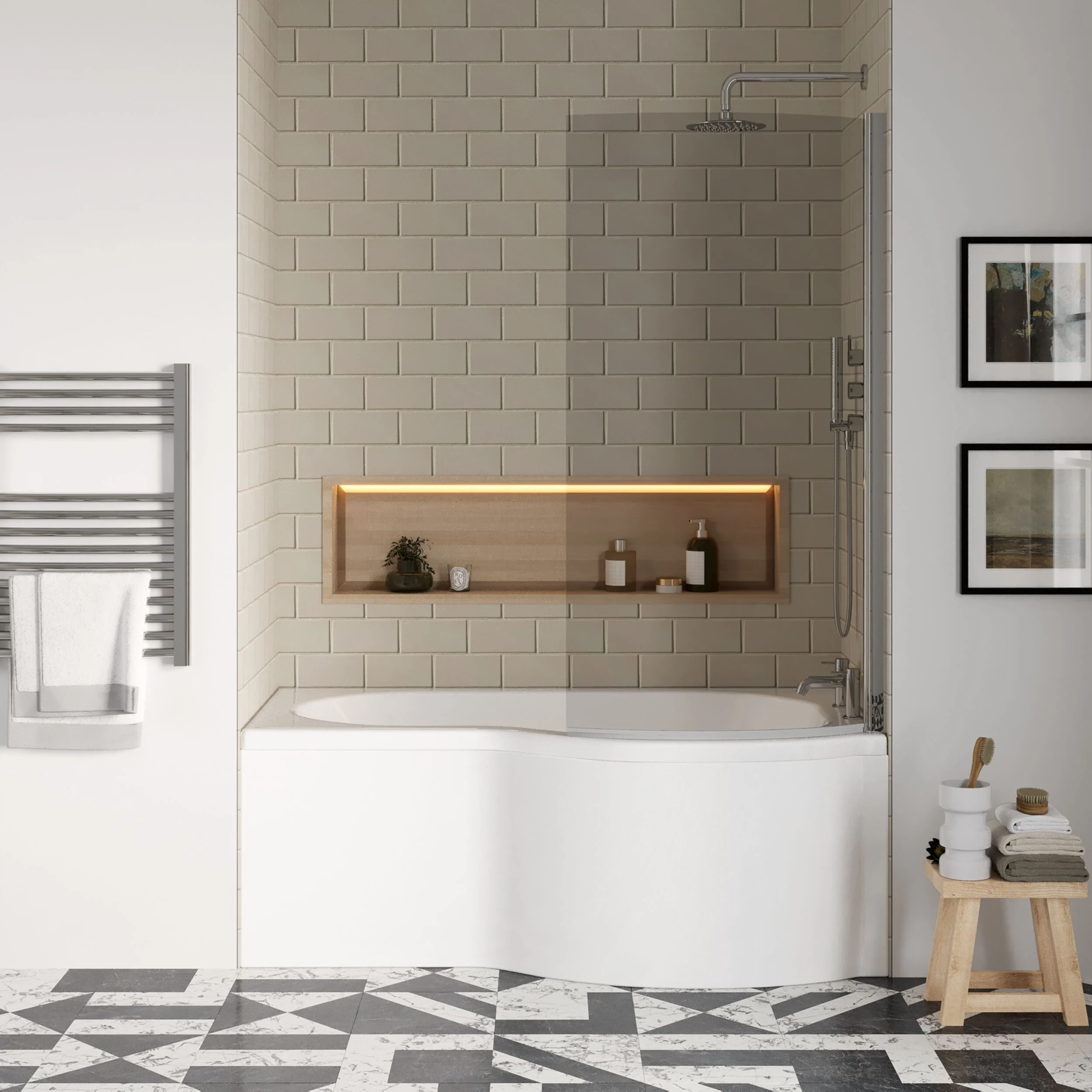 Balterley 1500 mm Right Hand P Shape Square Shower Bath with Glass Screen & Matching Front Panel Modern White Design - Image 2