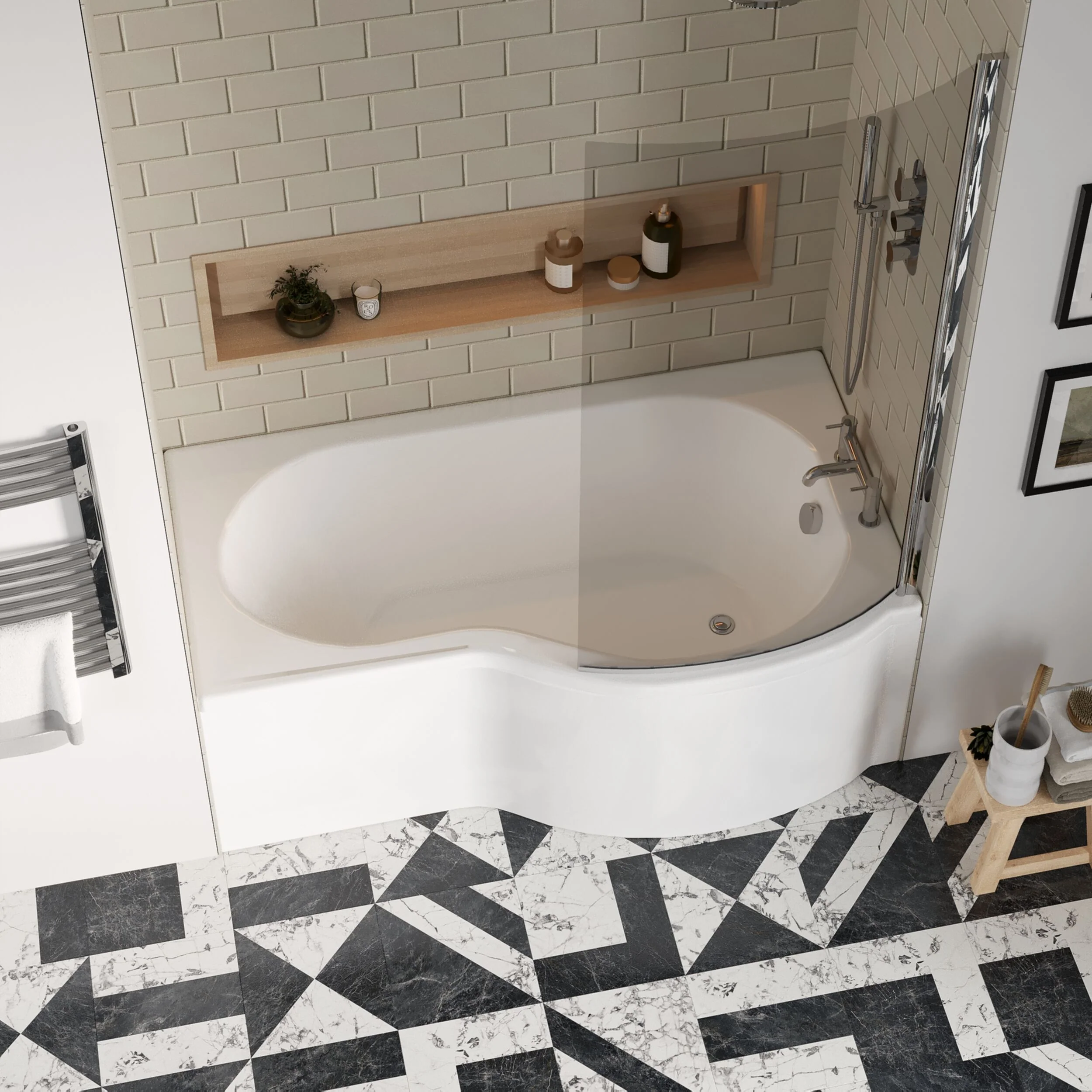 Balterley 1500 mm Right Hand P Shape Square Shower Bath with Glass Screen & Matching Front Panel Modern White Design - Image 3