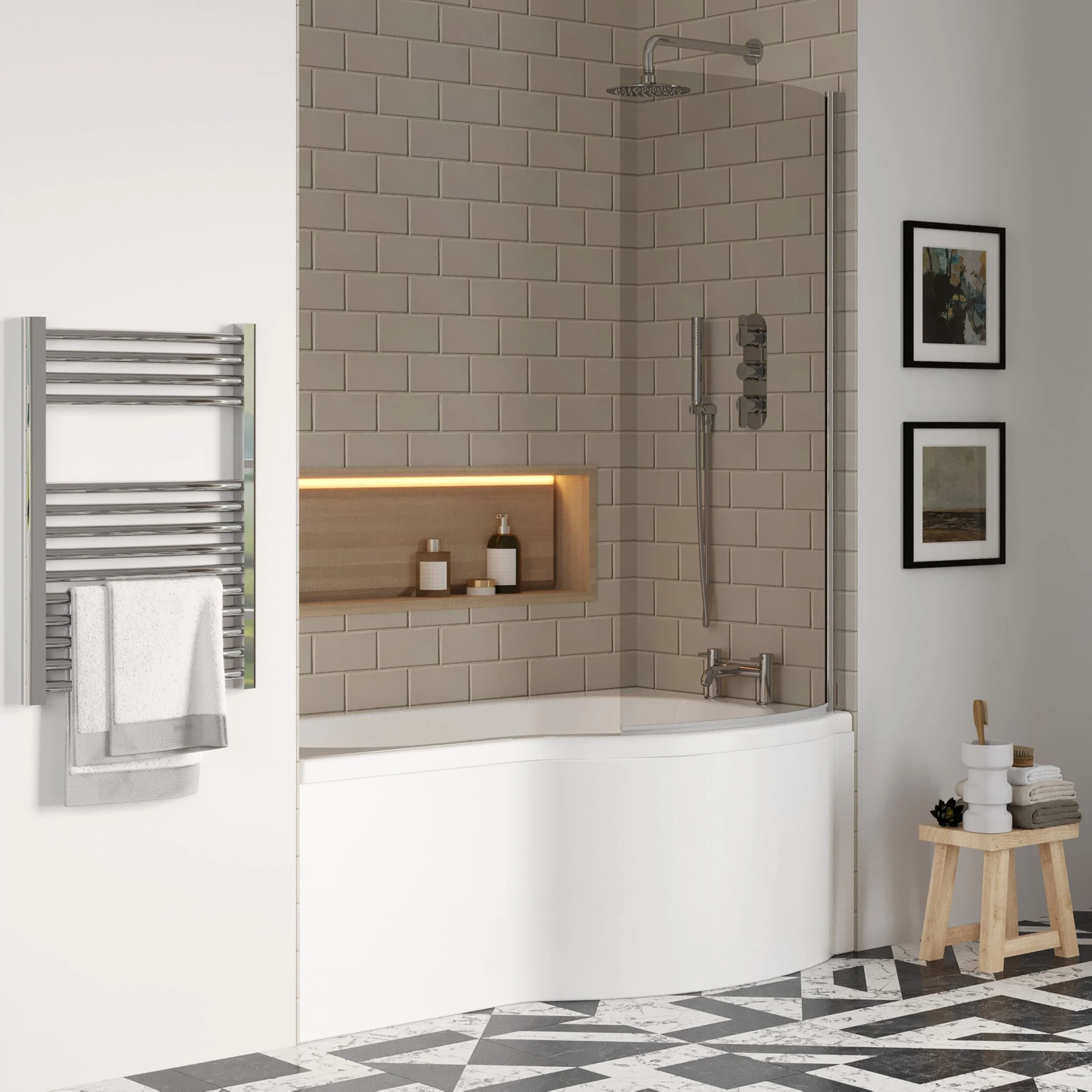 Balterley 1500 mm Right Hand P Shape Square Shower Bath with Glass Screen & Matching Front Panel Modern White Design - Image 4
