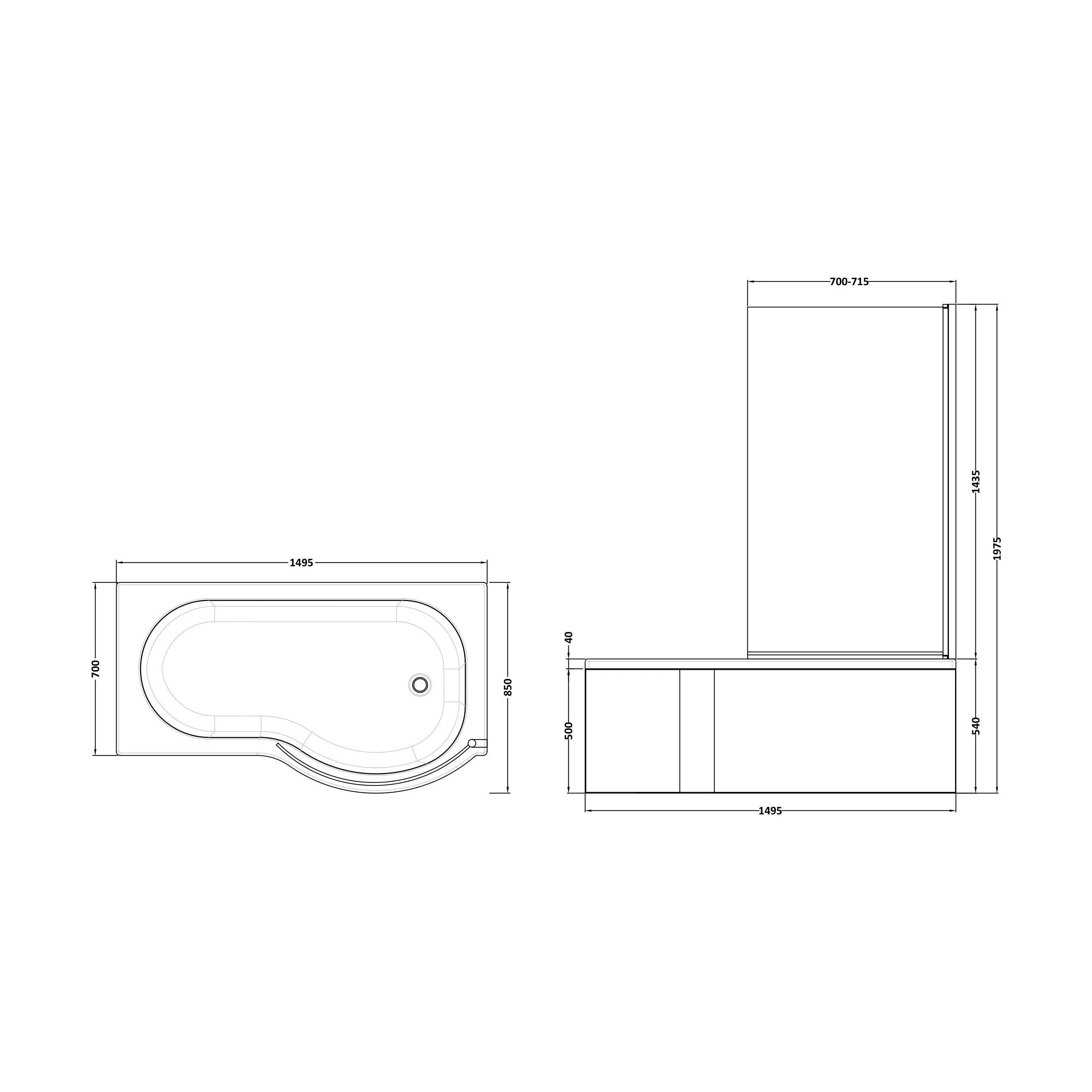 Balterley 1500 mm Right Hand P Shape Square Shower Bath with Glass Screen & Matching Front Panel Modern White Design - Image 5