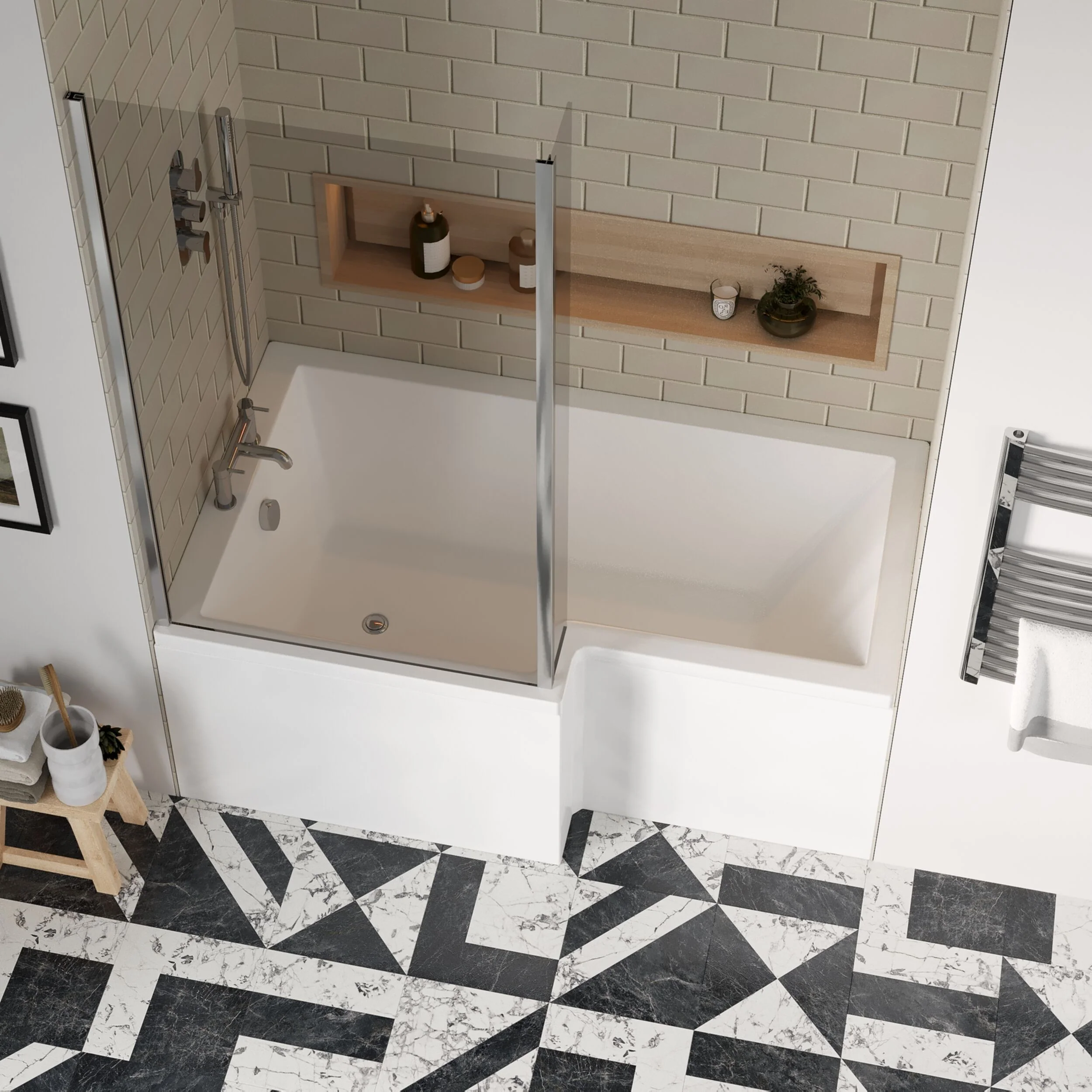 Balterley 1500 mm Left Hand L Shape Shower Bath Bundle & Tub, Curved 6 mm Safety Glass Screen & Matching Front Panel, Gloss White - Image 3