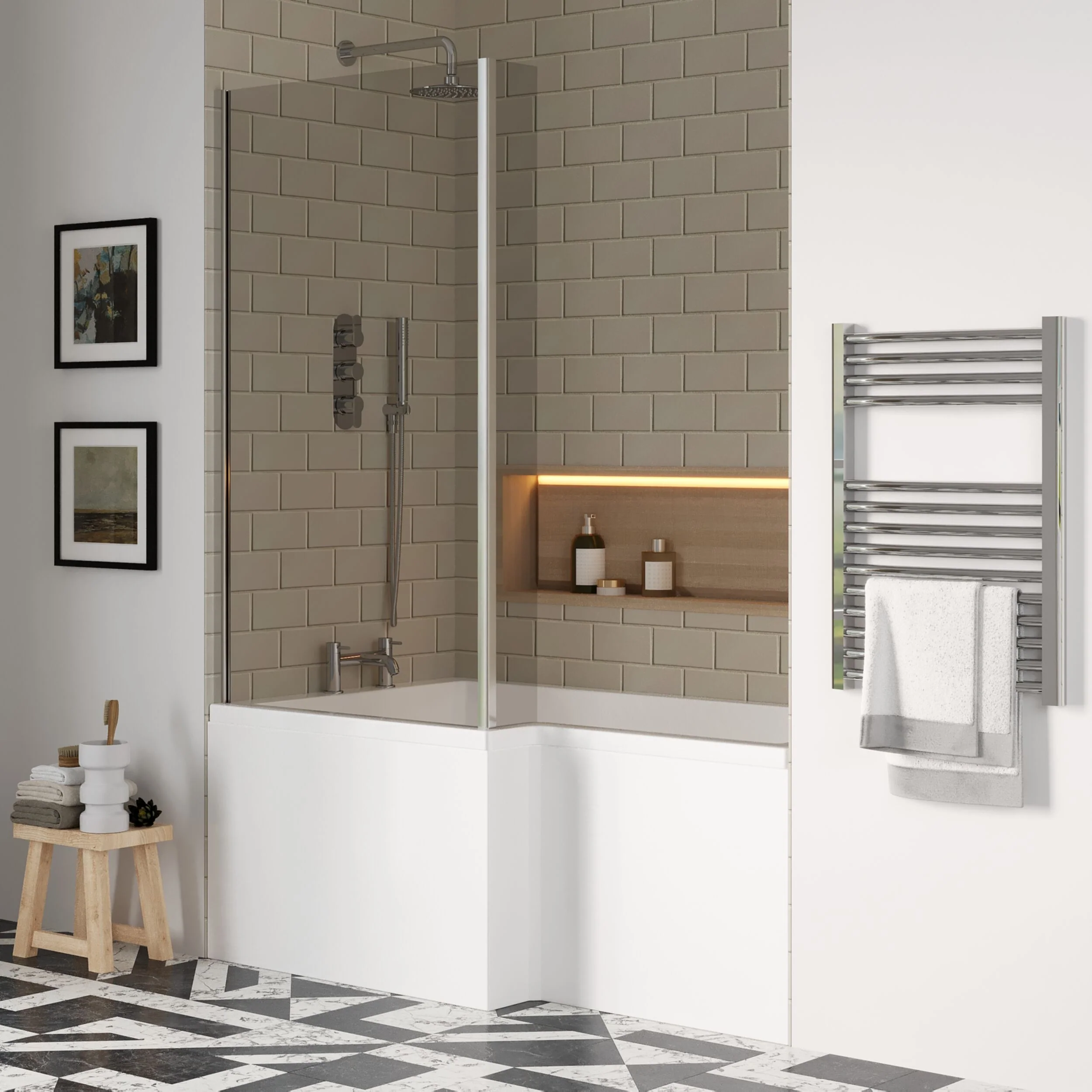 Balterley 1500 mm Left Hand L Shape Shower Bath Bundle & Tub, Curved 6 mm Safety Glass Screen & Matching Front Panel, Gloss White - Image 4